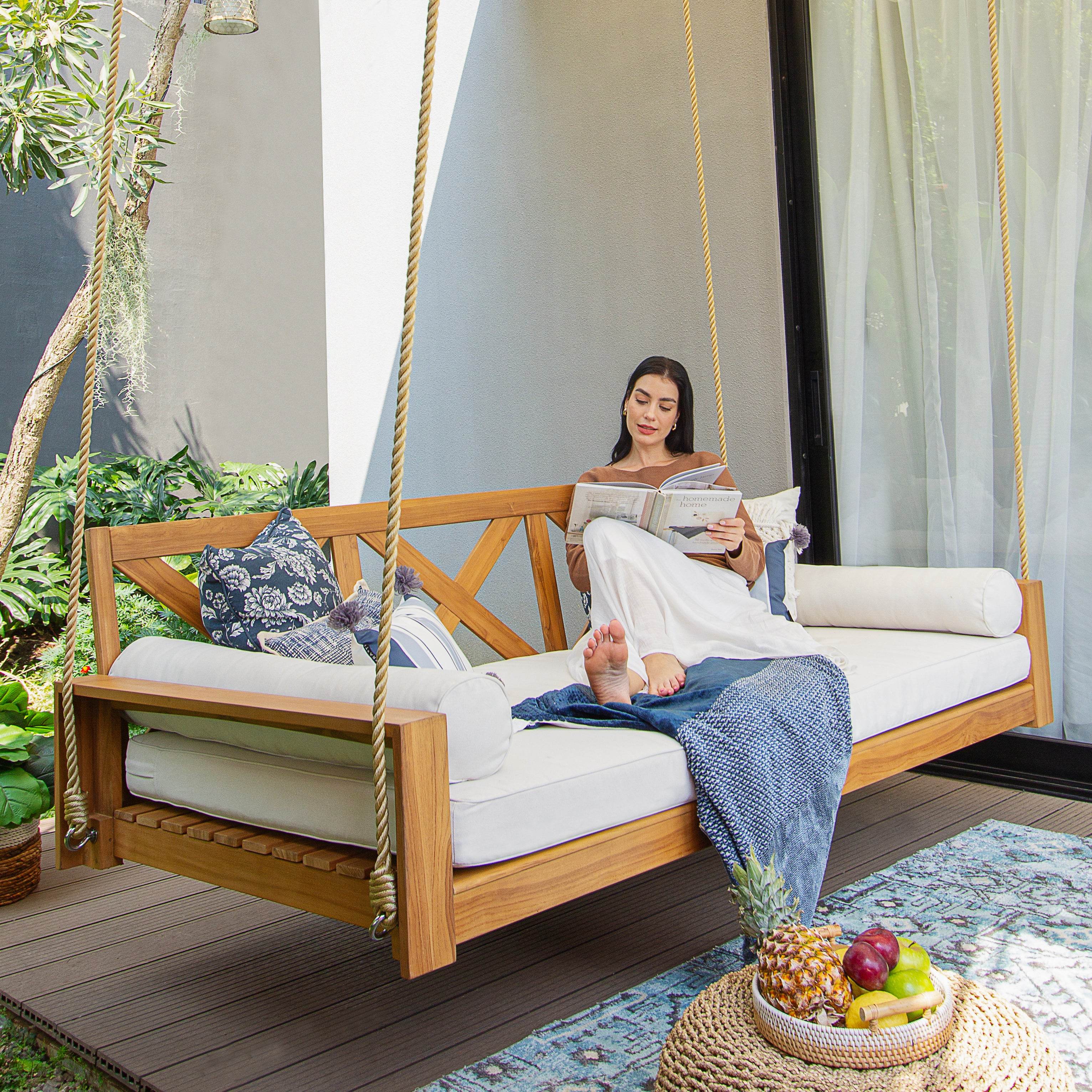 Napa Teak Wood Outdoor Swing Daybed with Off-White Cushion - Image 3