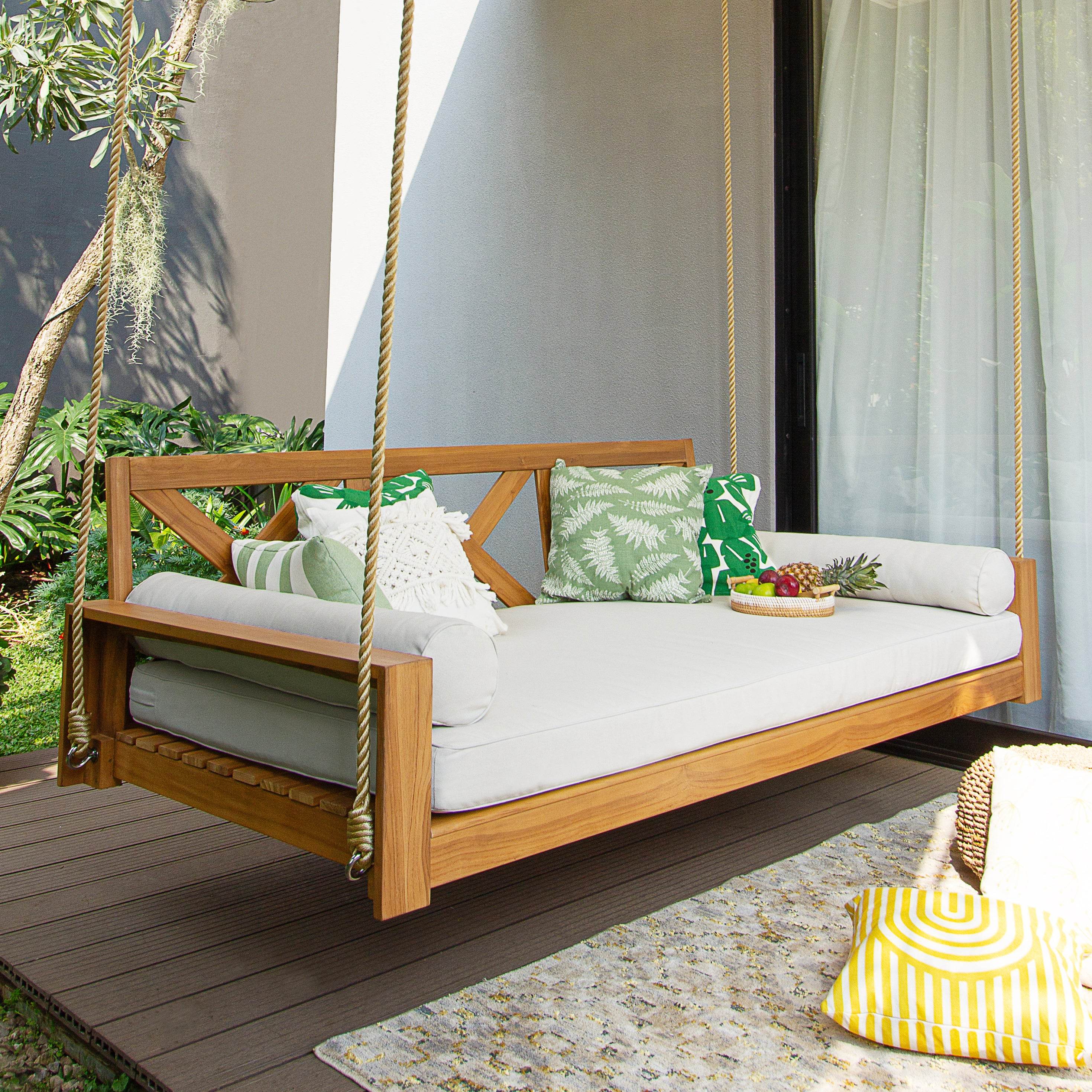 Napa Teak Wood Outdoor Swing Daybed with Off-White Cushion - Image 4