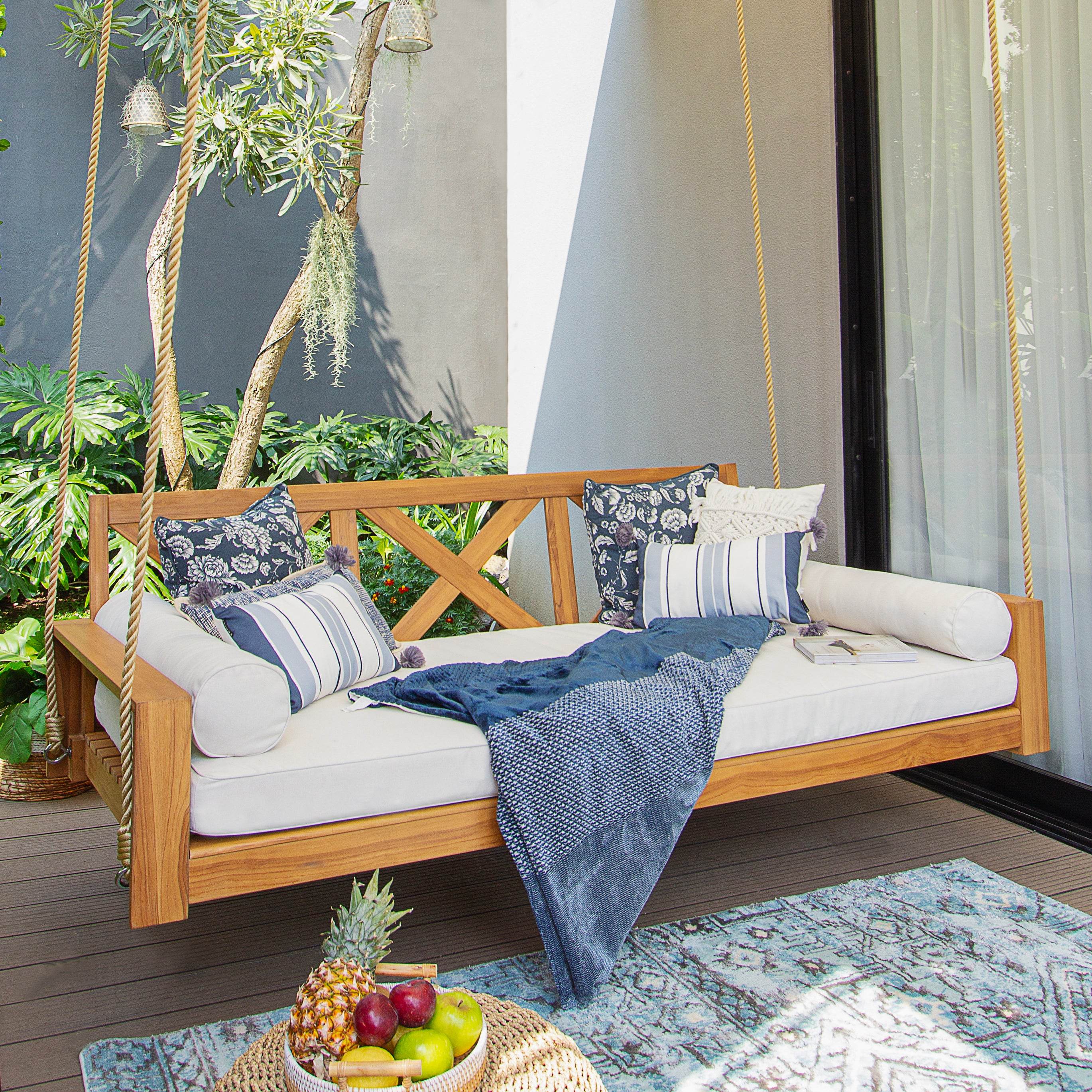 Napa Teak Wood Outdoor Swing Daybed with Off-White Cushion - Image 5