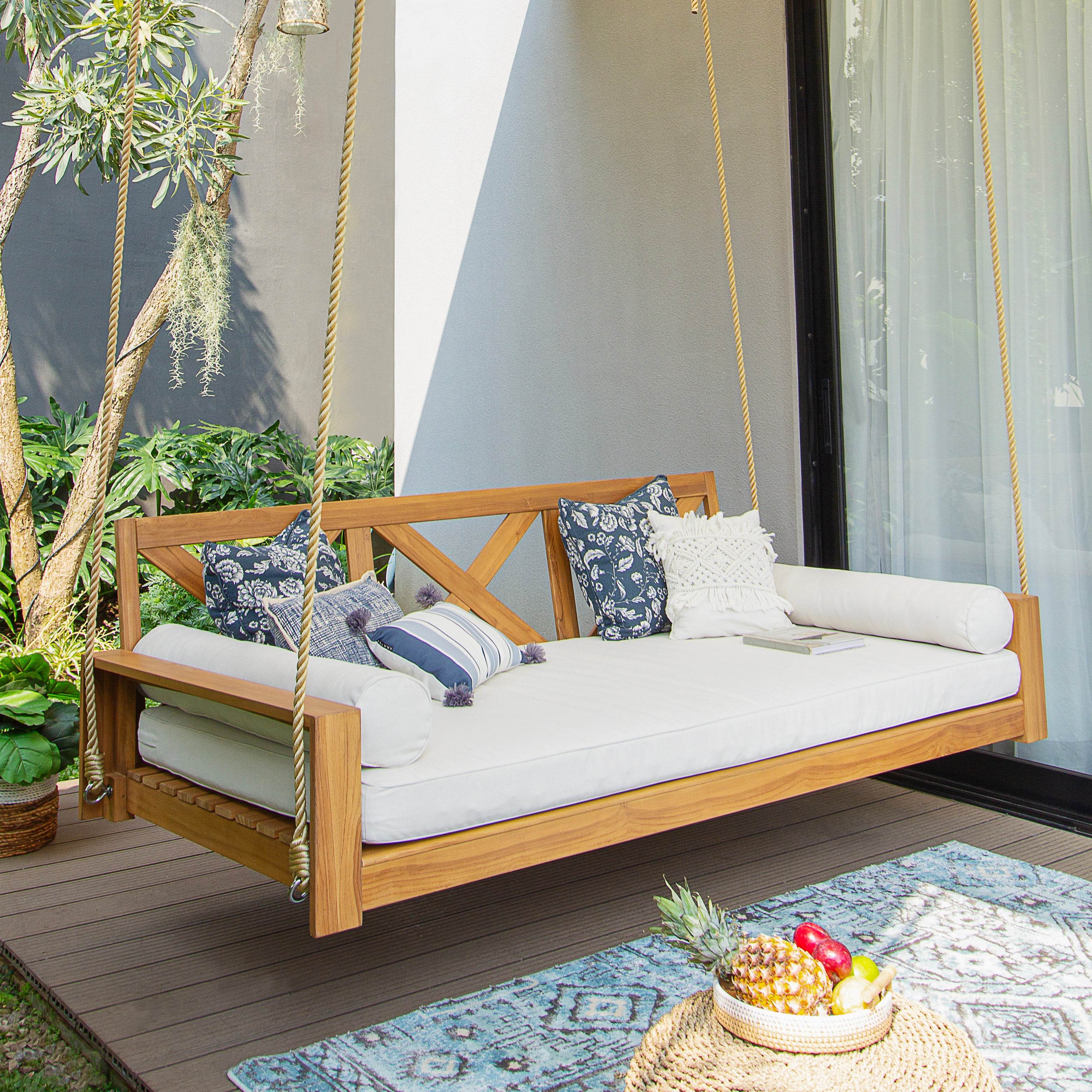 Napa Teak Wood Outdoor Swing Daybed with Off-White Cushion - Image 6