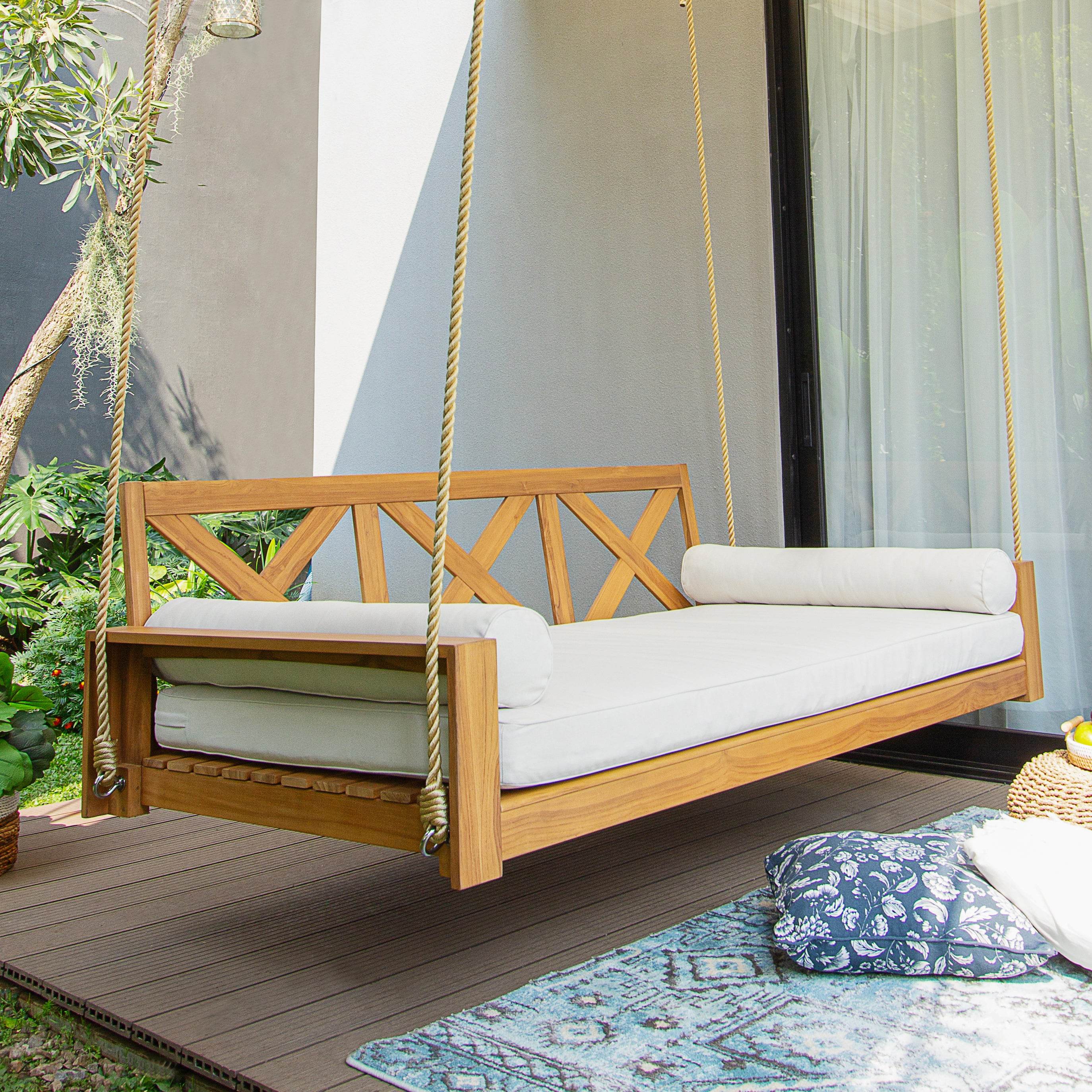 Napa Teak Wood Outdoor Swing Daybed with Off-White Cushion - Image 7