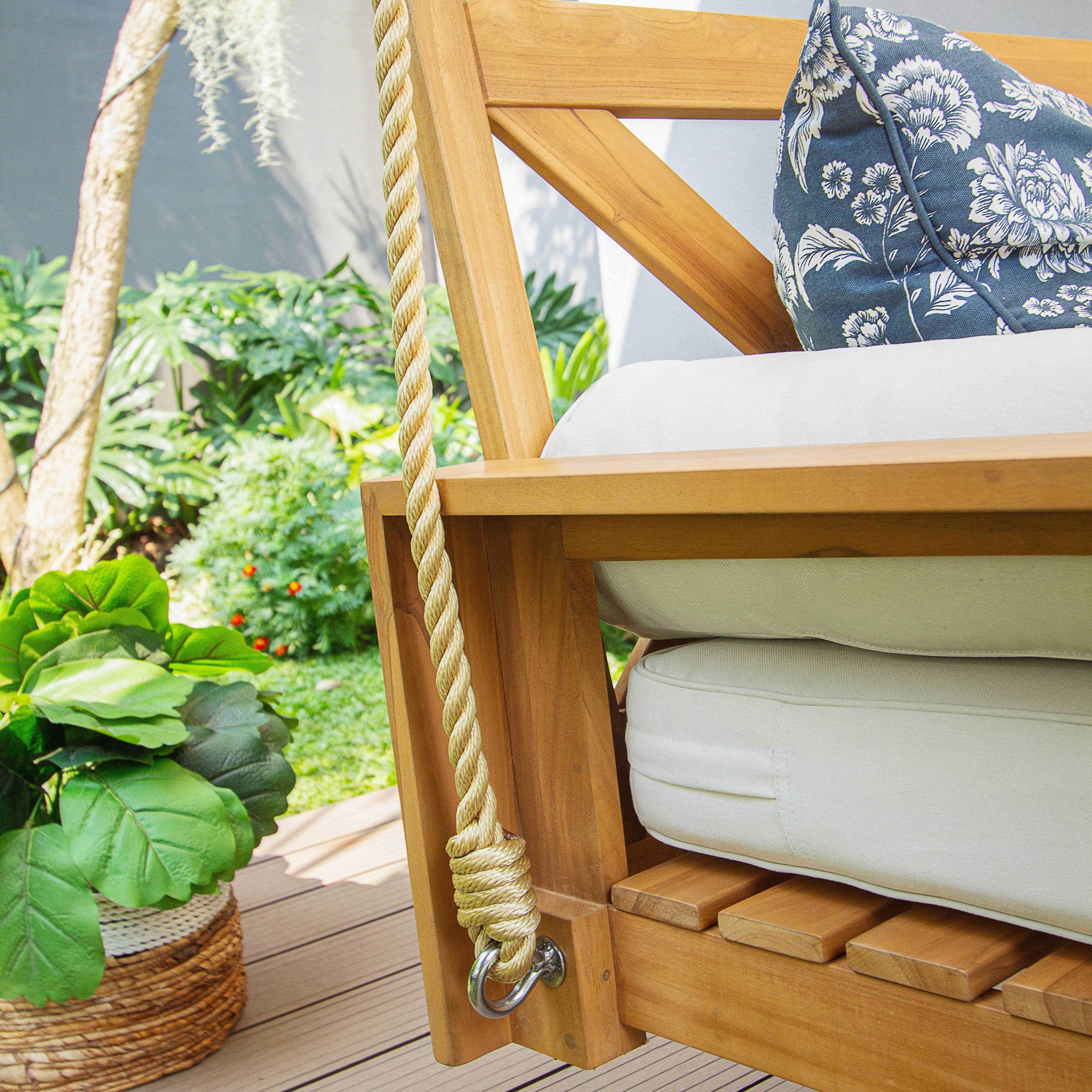 Napa Teak Wood Outdoor Swing Daybed with Off-White Cushion - Image 8
