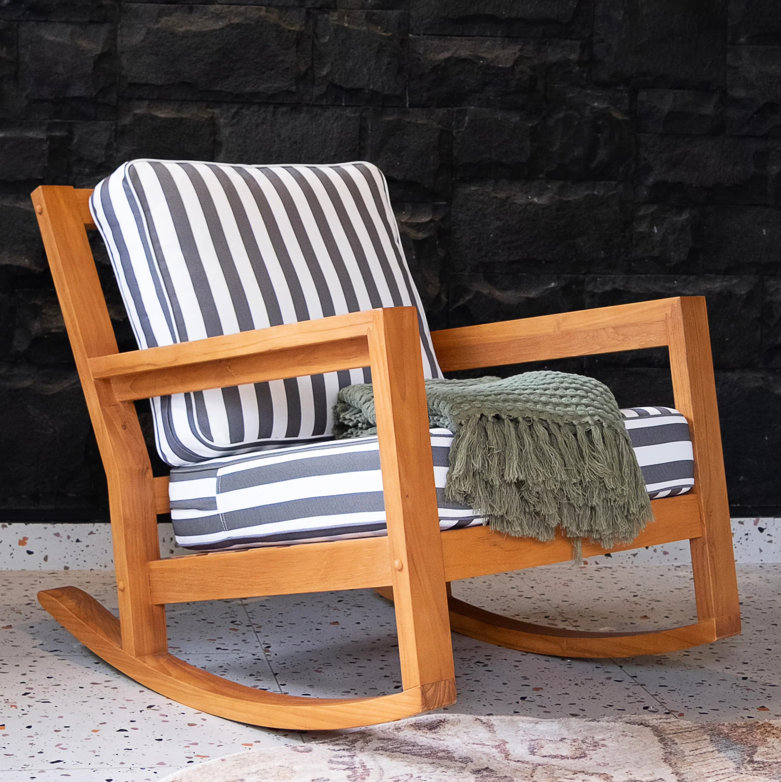 Napa Teak Wood Patio Rocking Chair with Stripe White Gray Cushion - Image 3