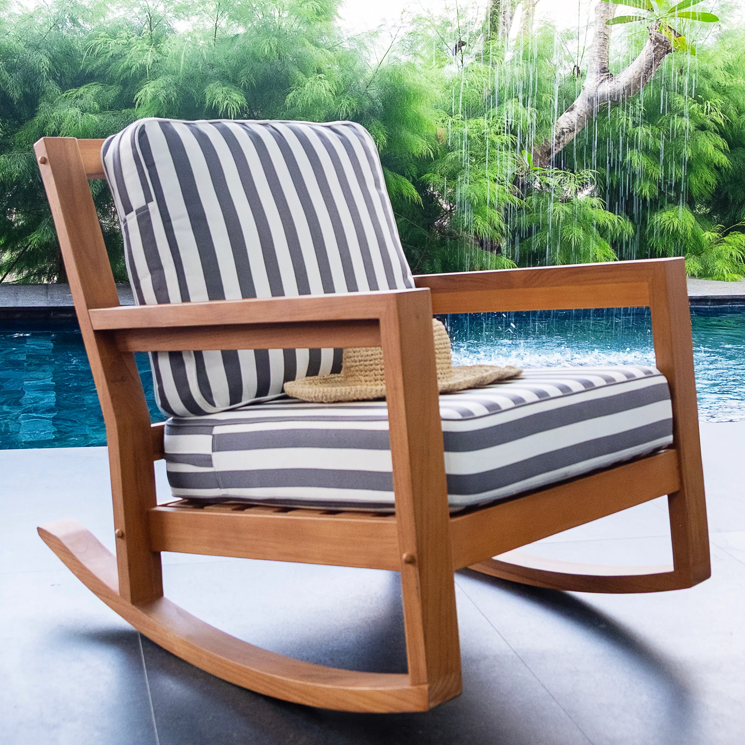 Napa Teak Wood Patio Rocking Chair with Stripe White Gray Cushion - Image 4