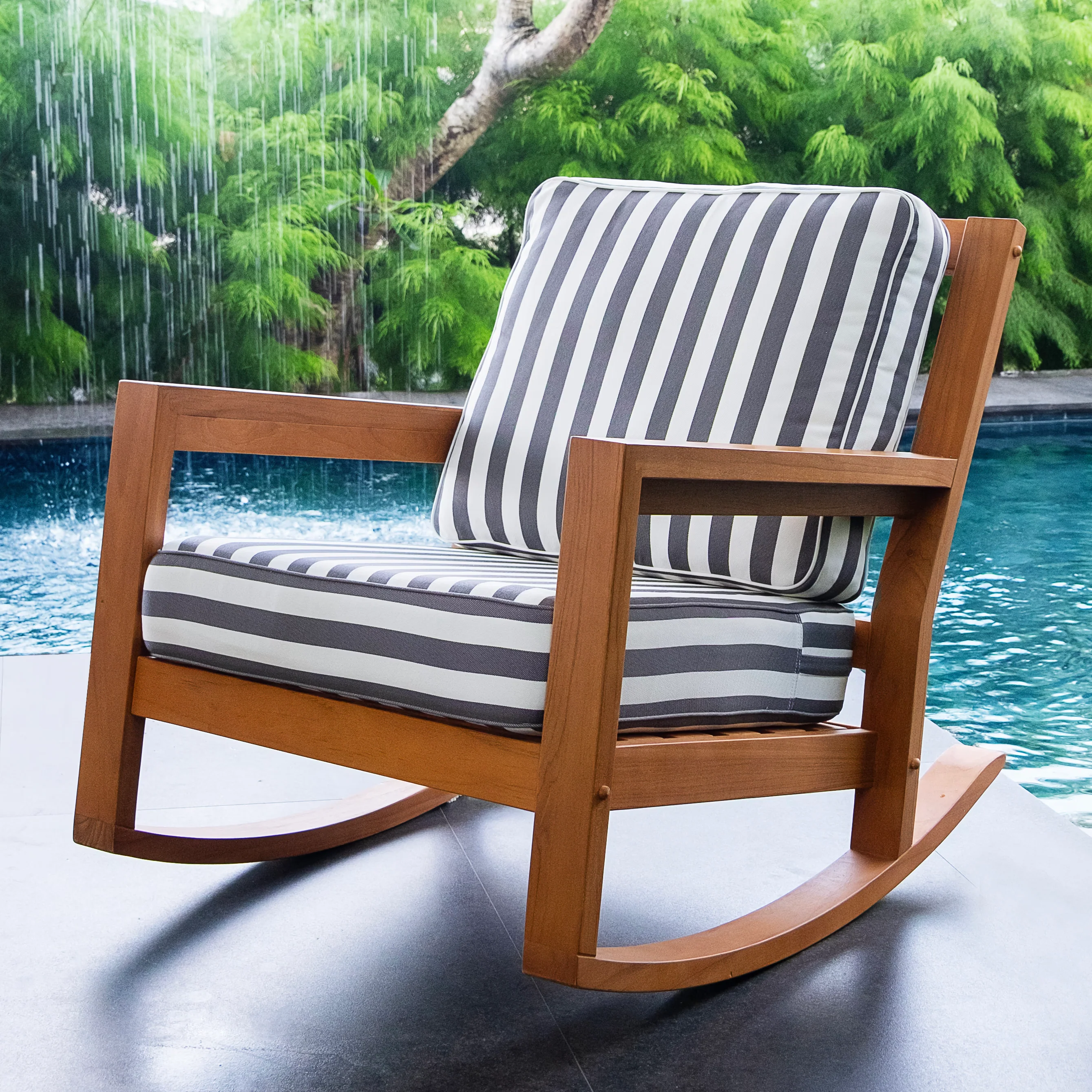 Napa Teak Wood Patio Rocking Chair with Stripe White Gray Cushion - Image 5