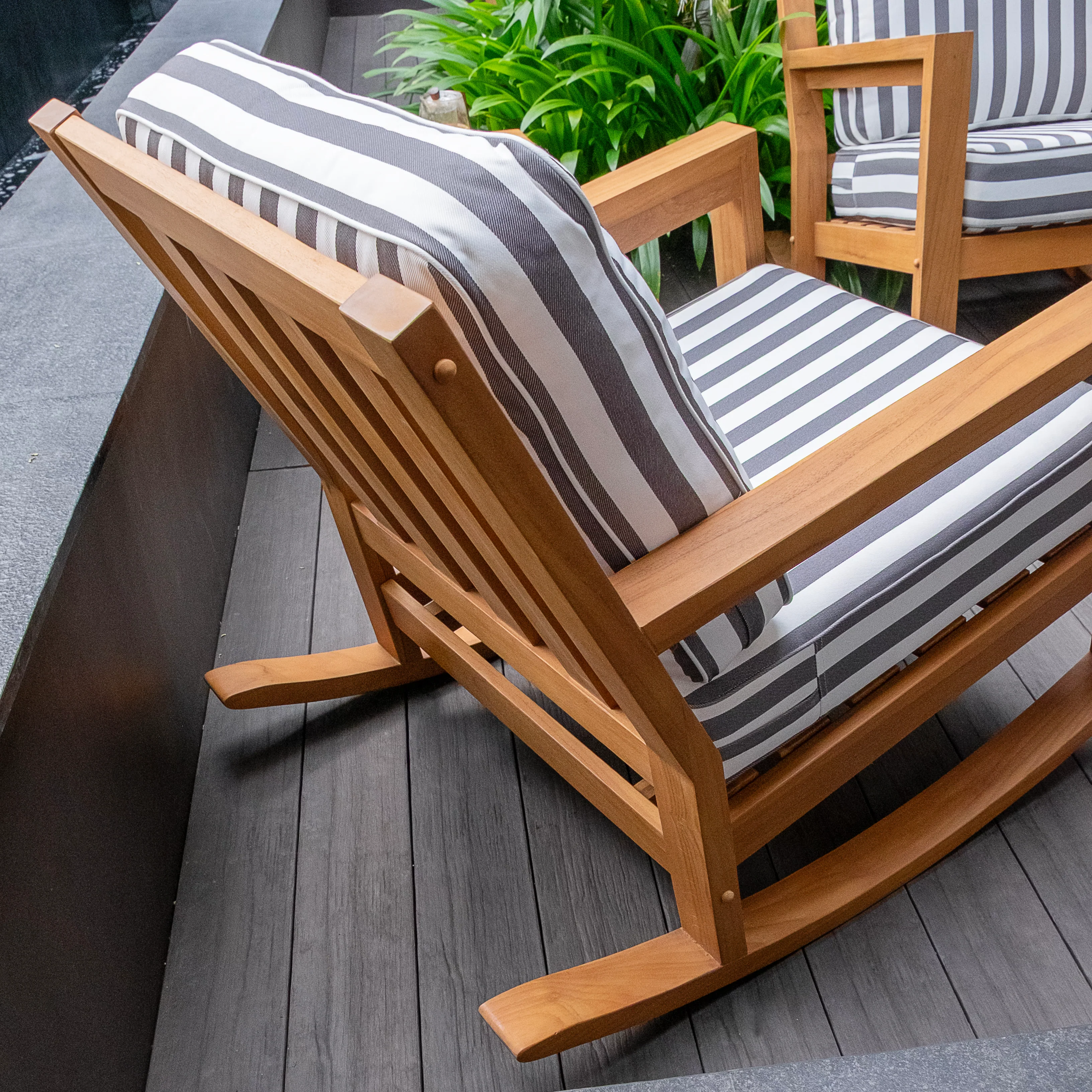 Napa Teak Wood Patio Rocking Chair with Stripe White Gray Cushion - Image 7