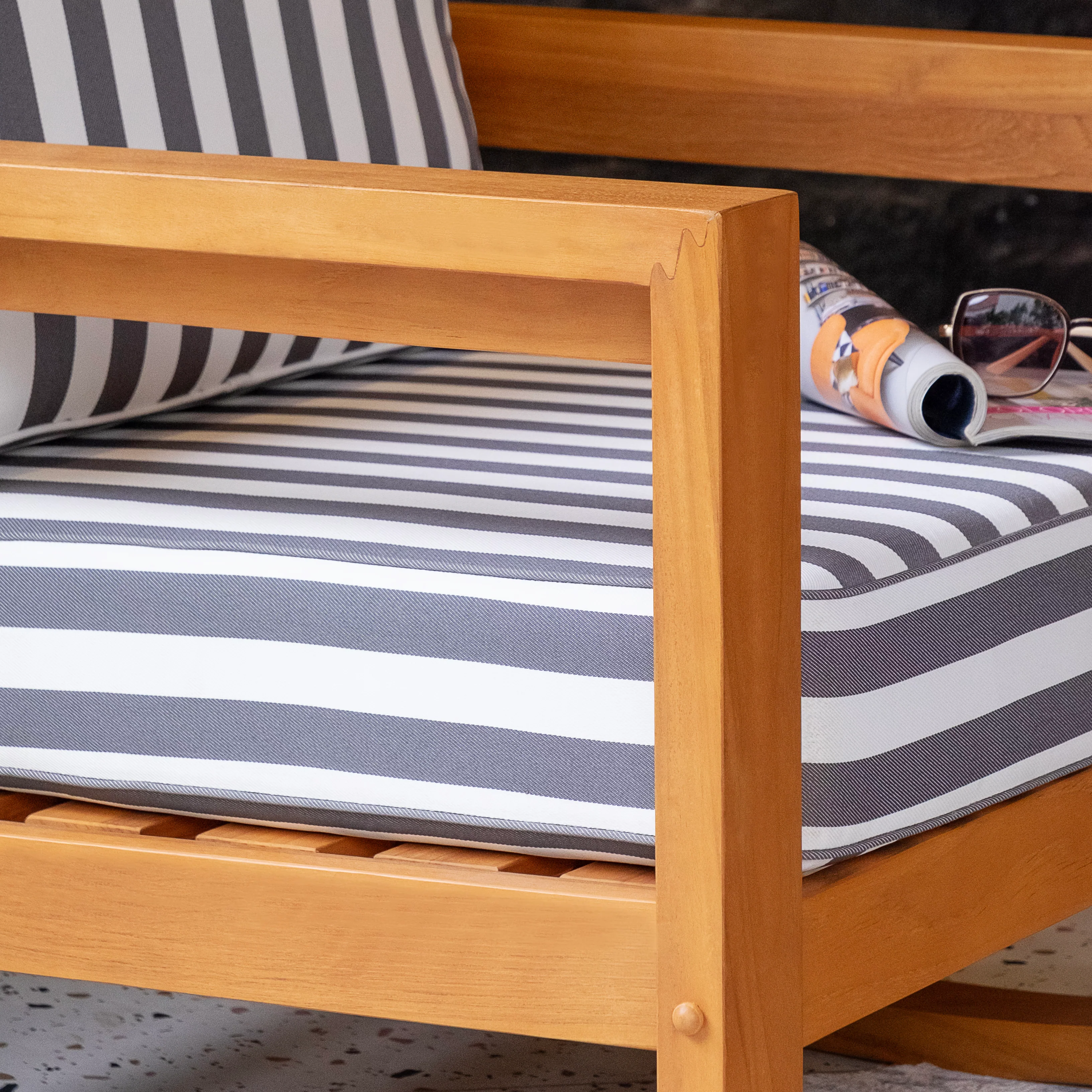 Napa Teak Wood Patio Rocking Chair with Stripe White Gray Cushion - Image 8