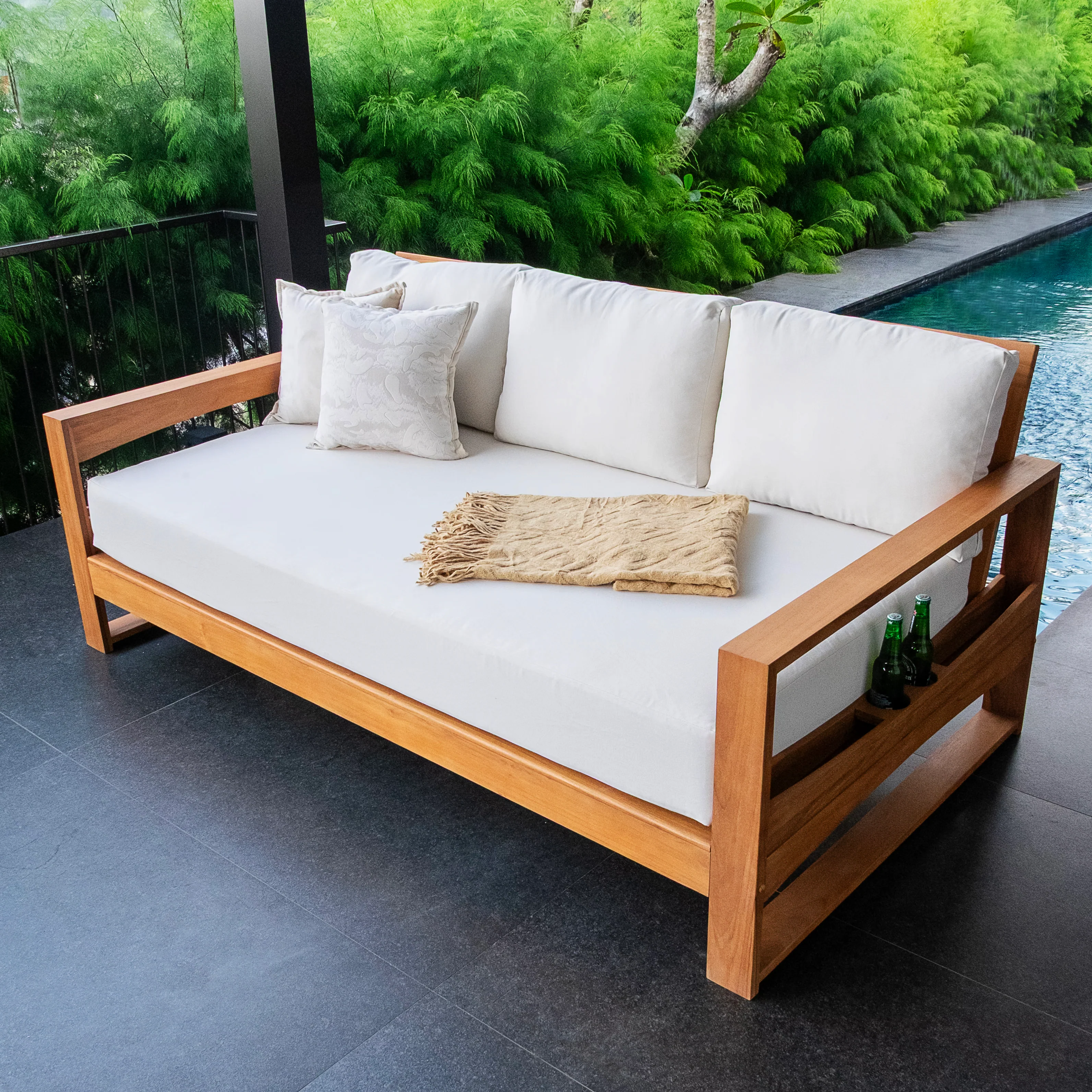 Napa Teak Wood Patio Sofa Daybed with Off-White Cushion - Image 10