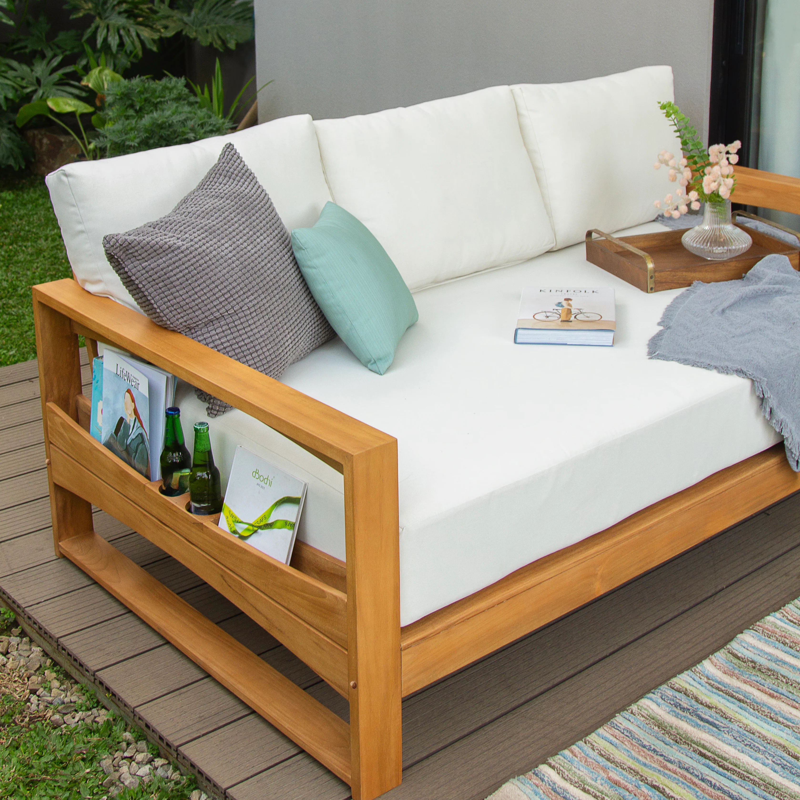 Napa Teak Wood Patio Sofa Daybed with Off-White Cushion - Image 12