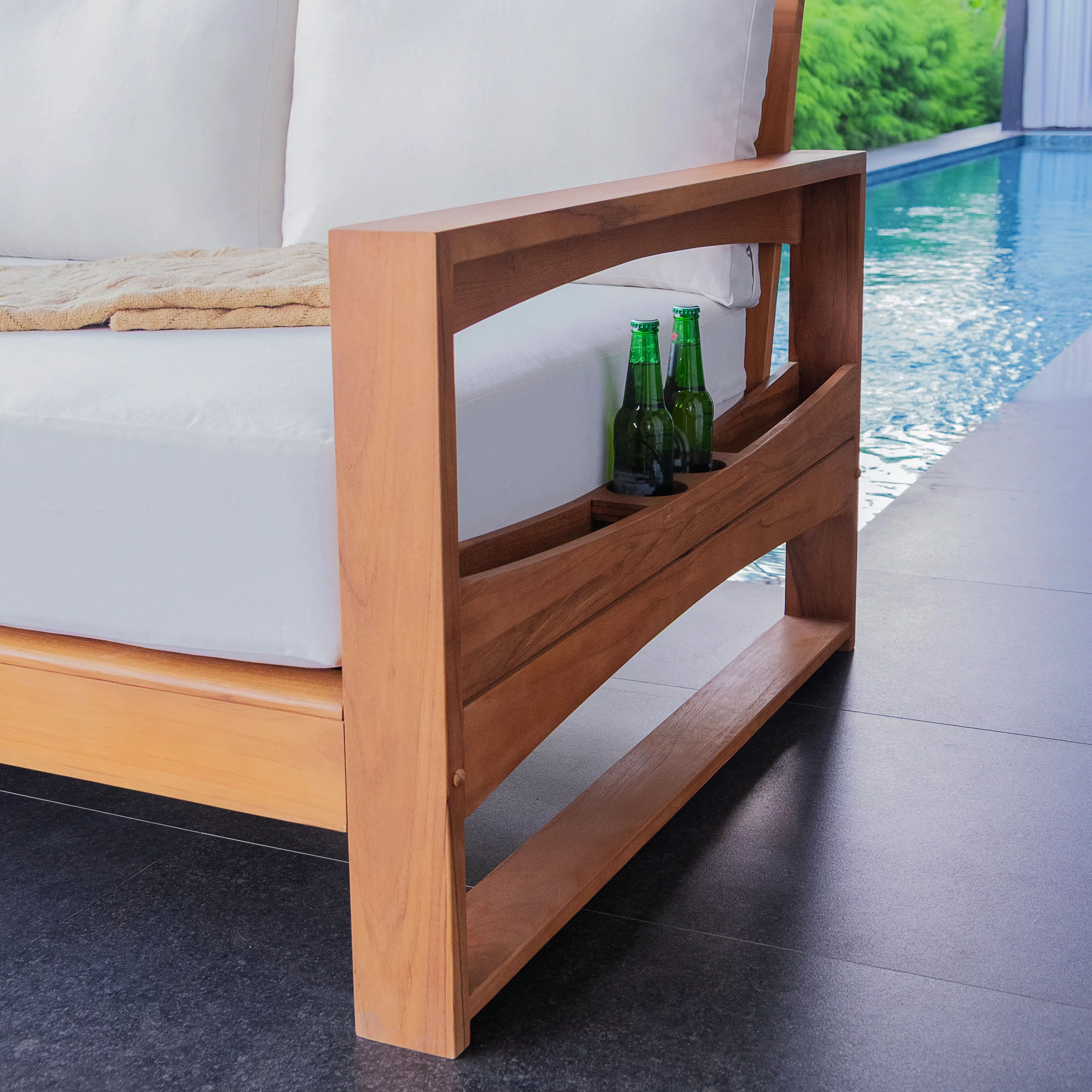Napa Teak Wood Patio Sofa Daybed with Off-White Cushion - Image 14