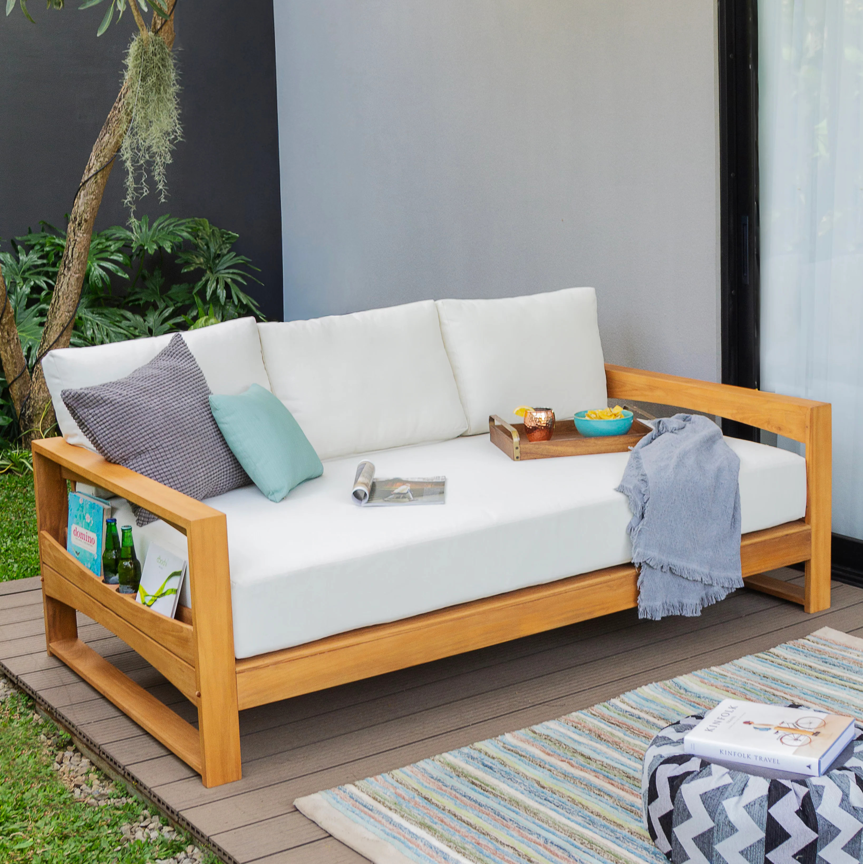 Napa Teak Wood Patio Sofa Daybed with Off-White Cushion - Image 3