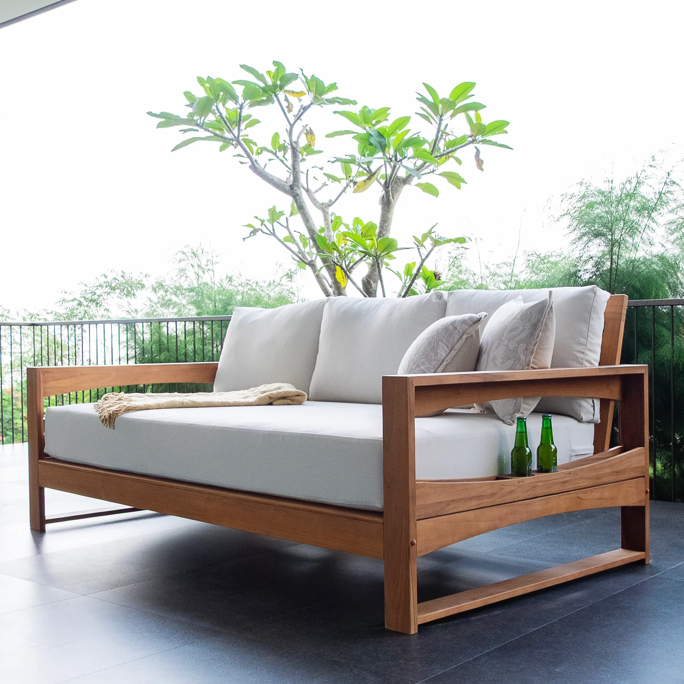 Napa Teak Wood Patio Sofa Daybed with Off-White Cushion - Image 4