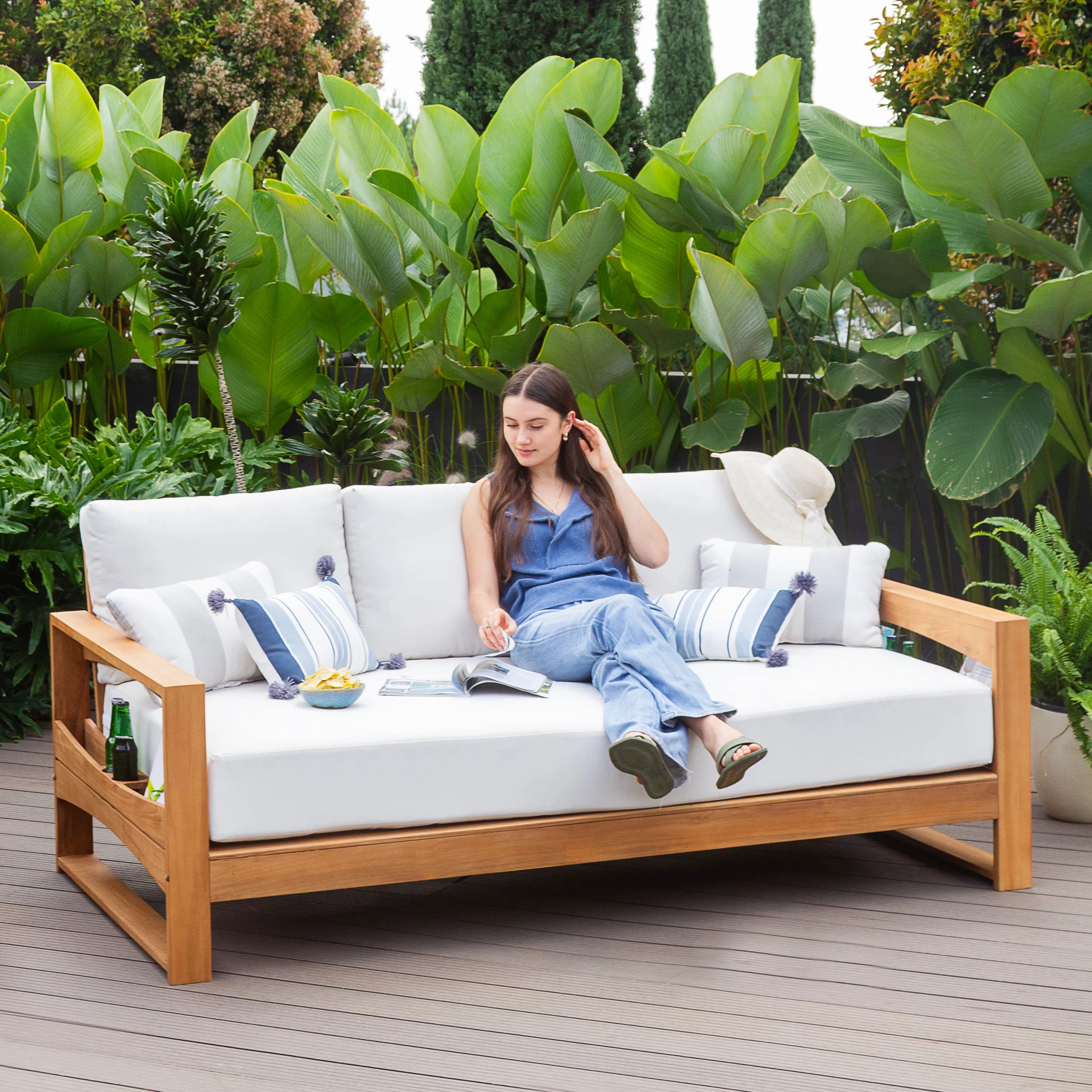 Napa Teak Wood Patio Sofa Daybed with Off-White Cushion - Image 6