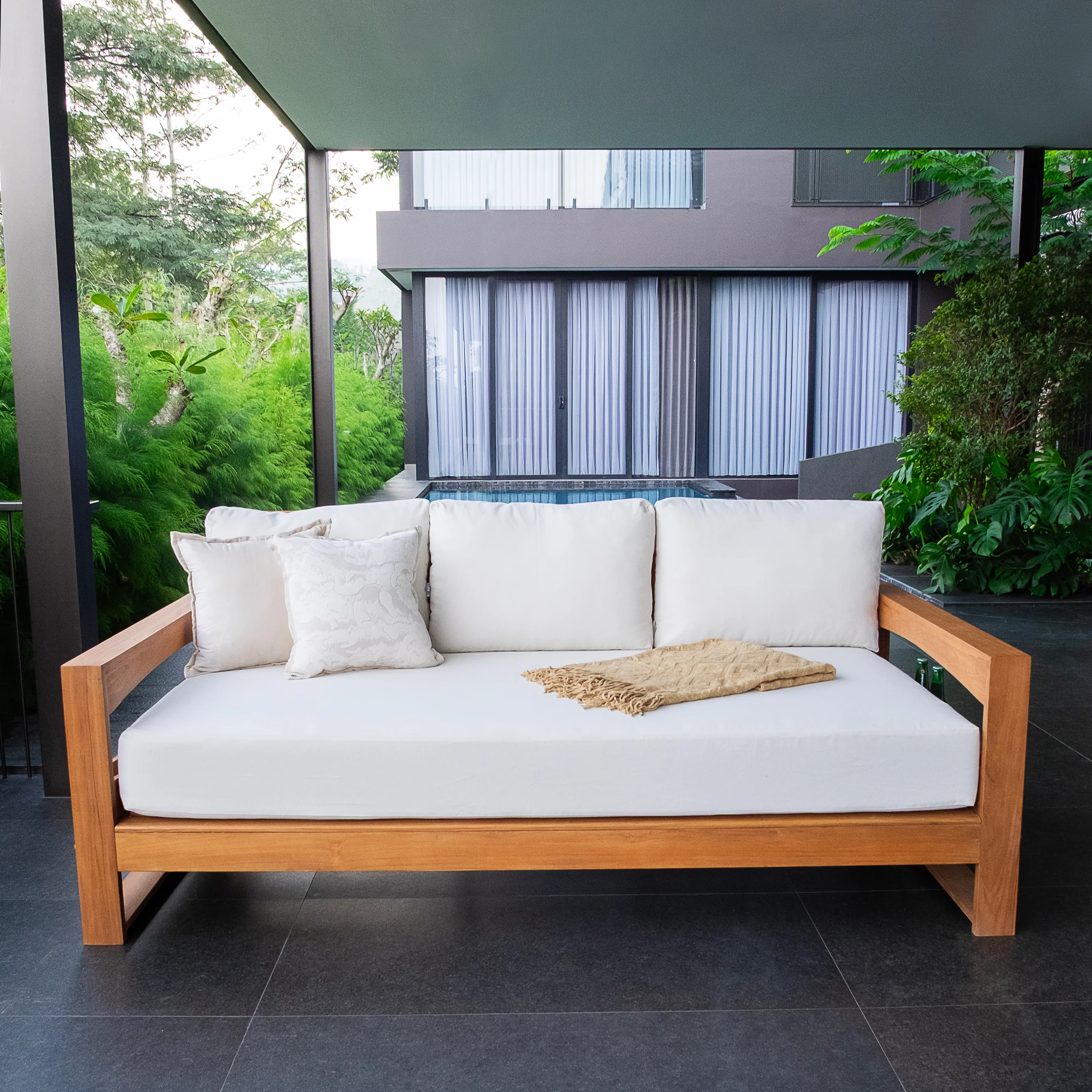 Napa Teak Wood Patio Sofa Daybed with Off-White Cushion - Image 7