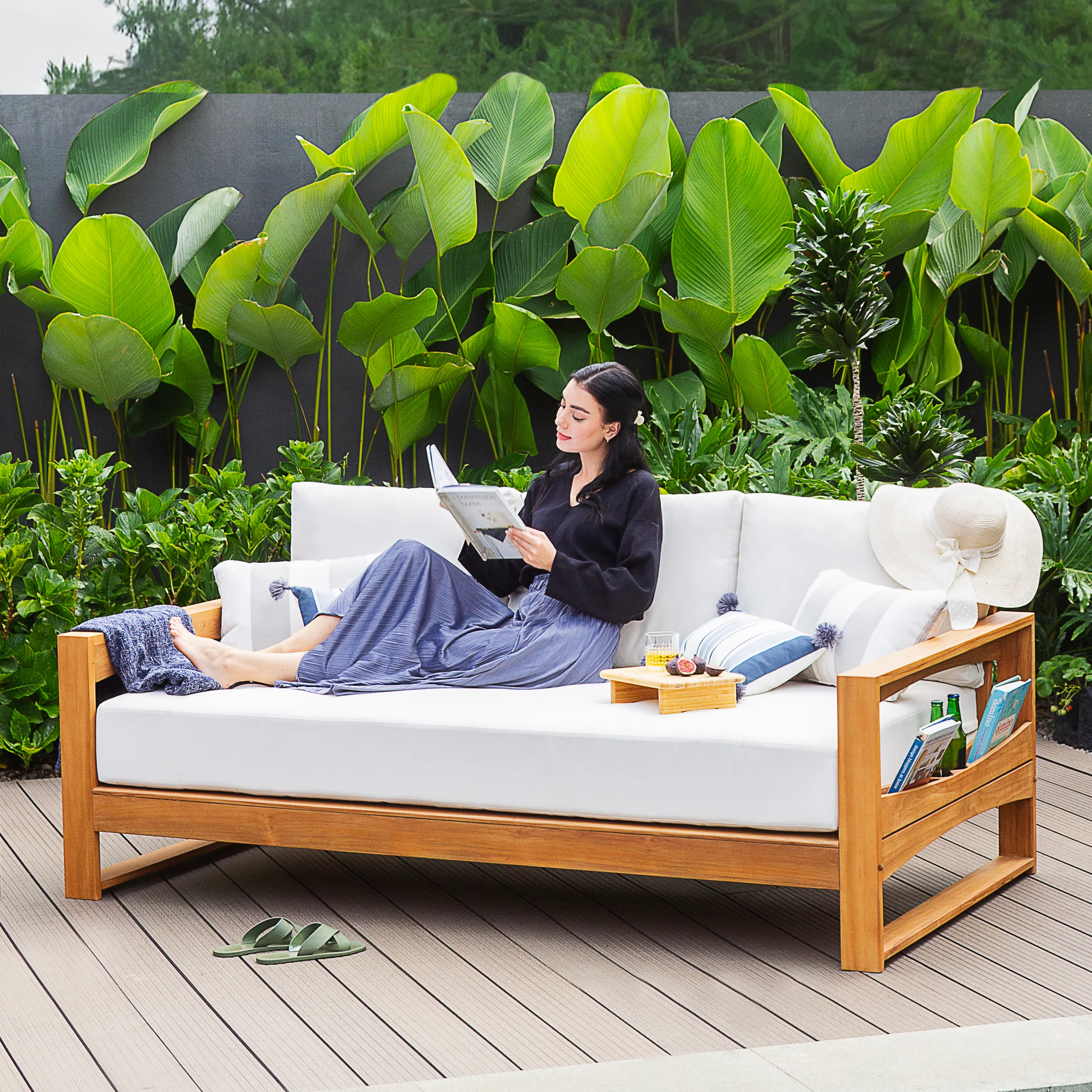 Napa Teak Wood Patio Sofa Daybed with Off-White Cushion - Image 8