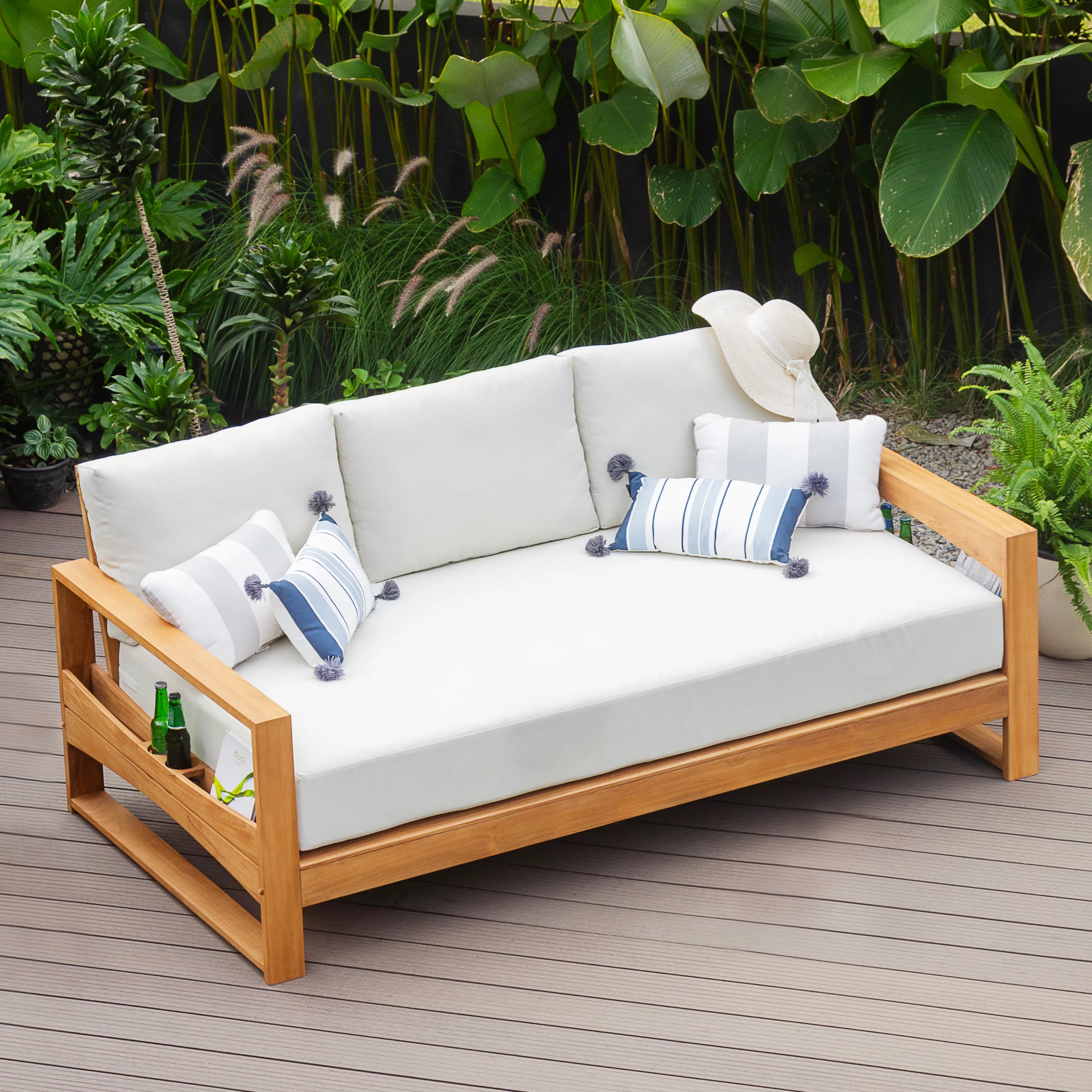 Napa Teak Wood Patio Sofa Daybed with Off-White Cushion - Image 9