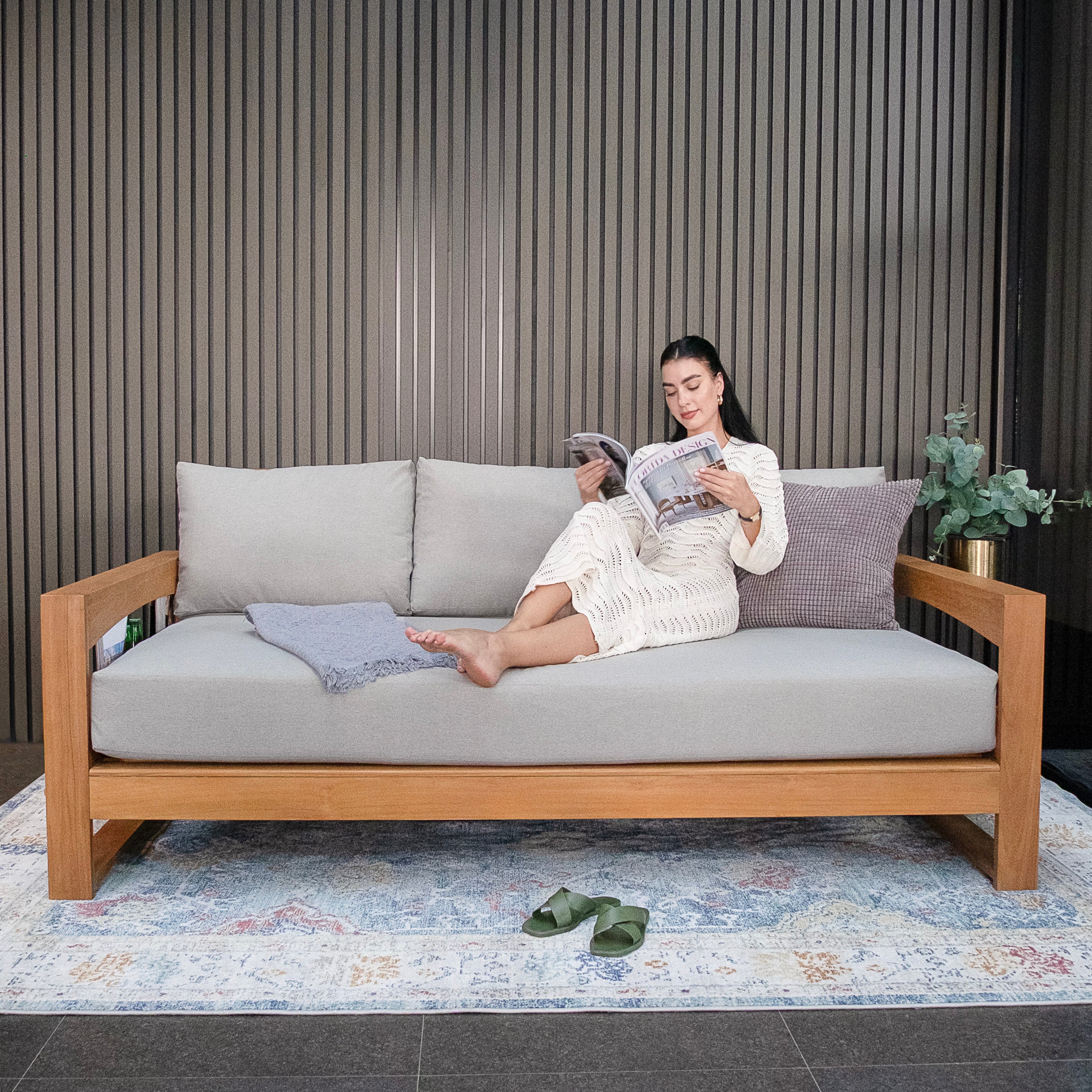 Napa Teak Wood Patio Sofa Daybed with Oyster Cushion - Image 4