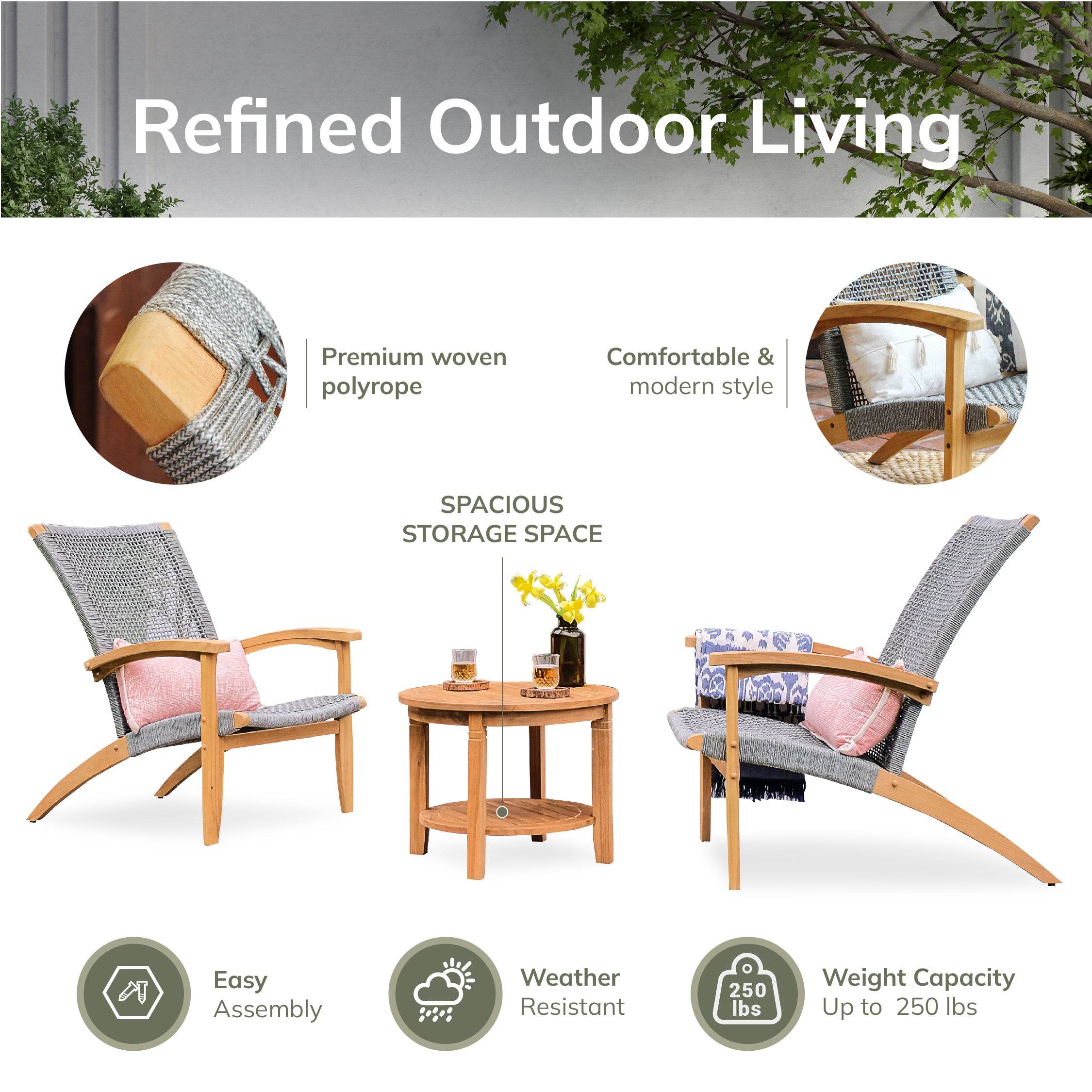 Nassau Teak Wood 3 Piece Patio Conversation Set - Image 5