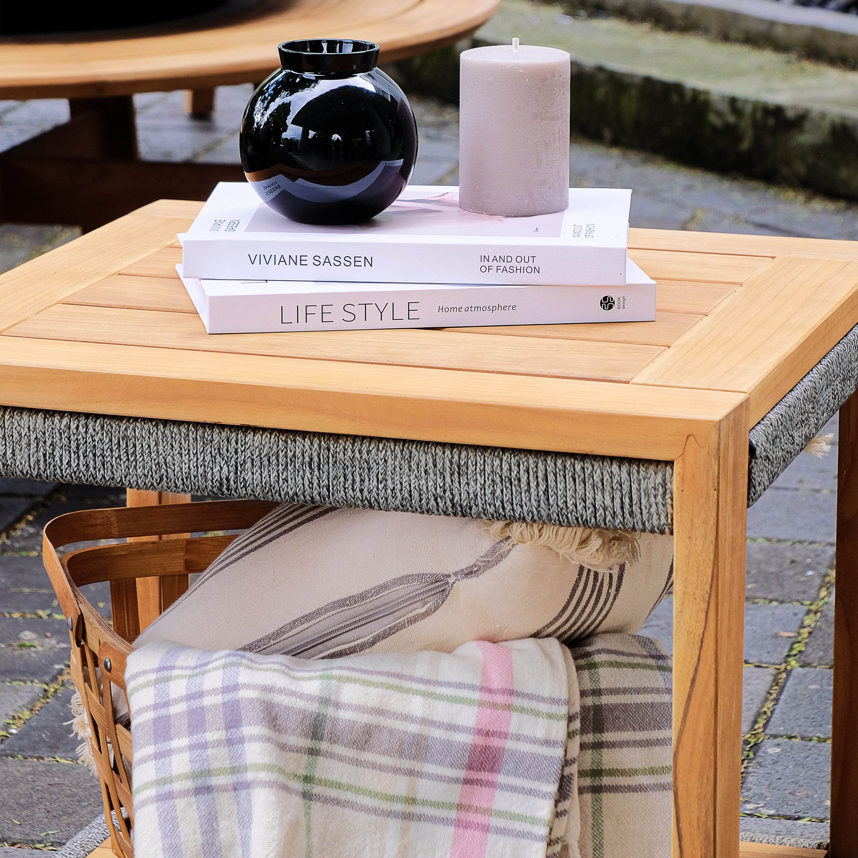Nassau Teak Wood 3 Piece Patio Conversation Set with Beige Cushion - Image 10