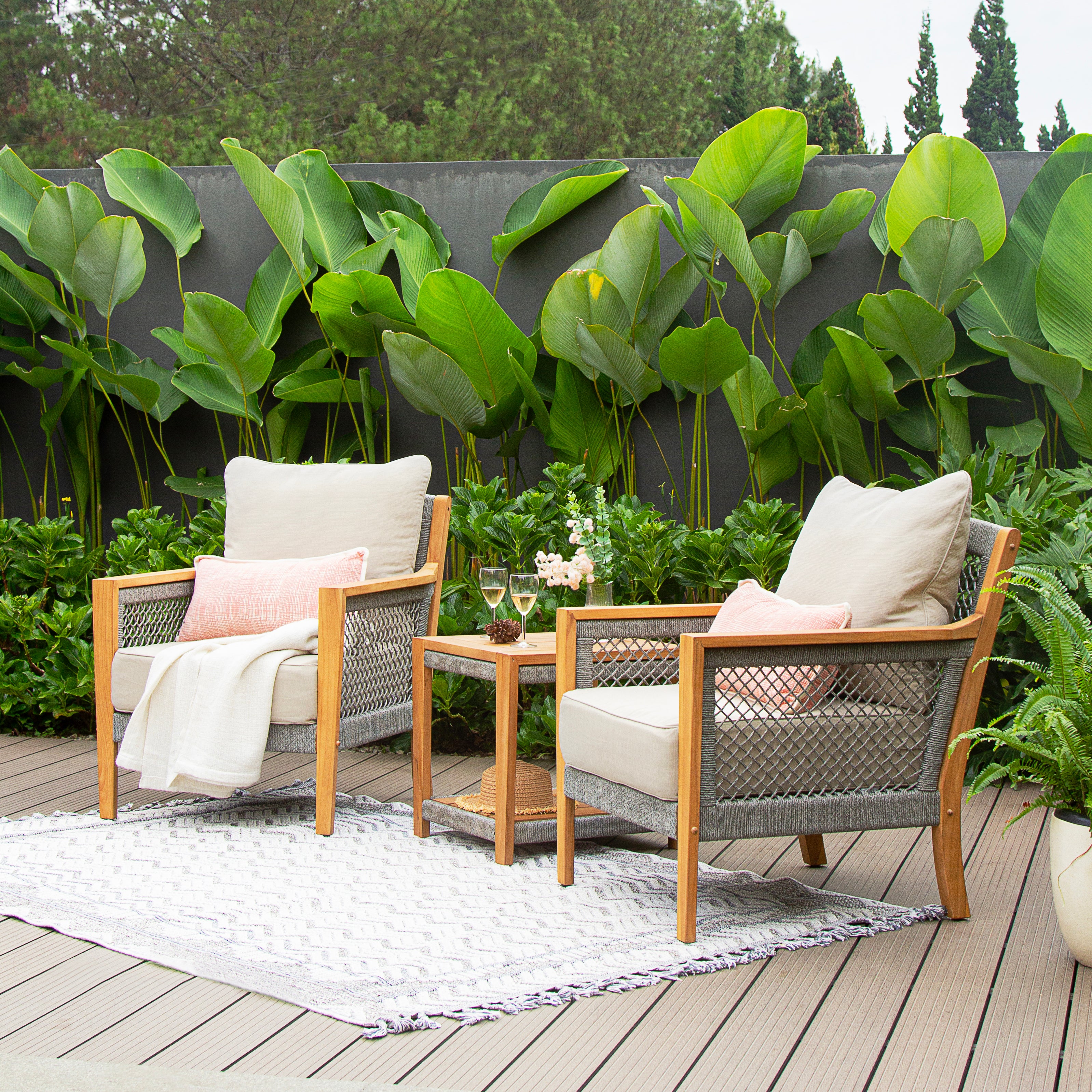 Nassau Teak Wood 3 Piece Patio Conversation Set with Beige Cushion - Image 3