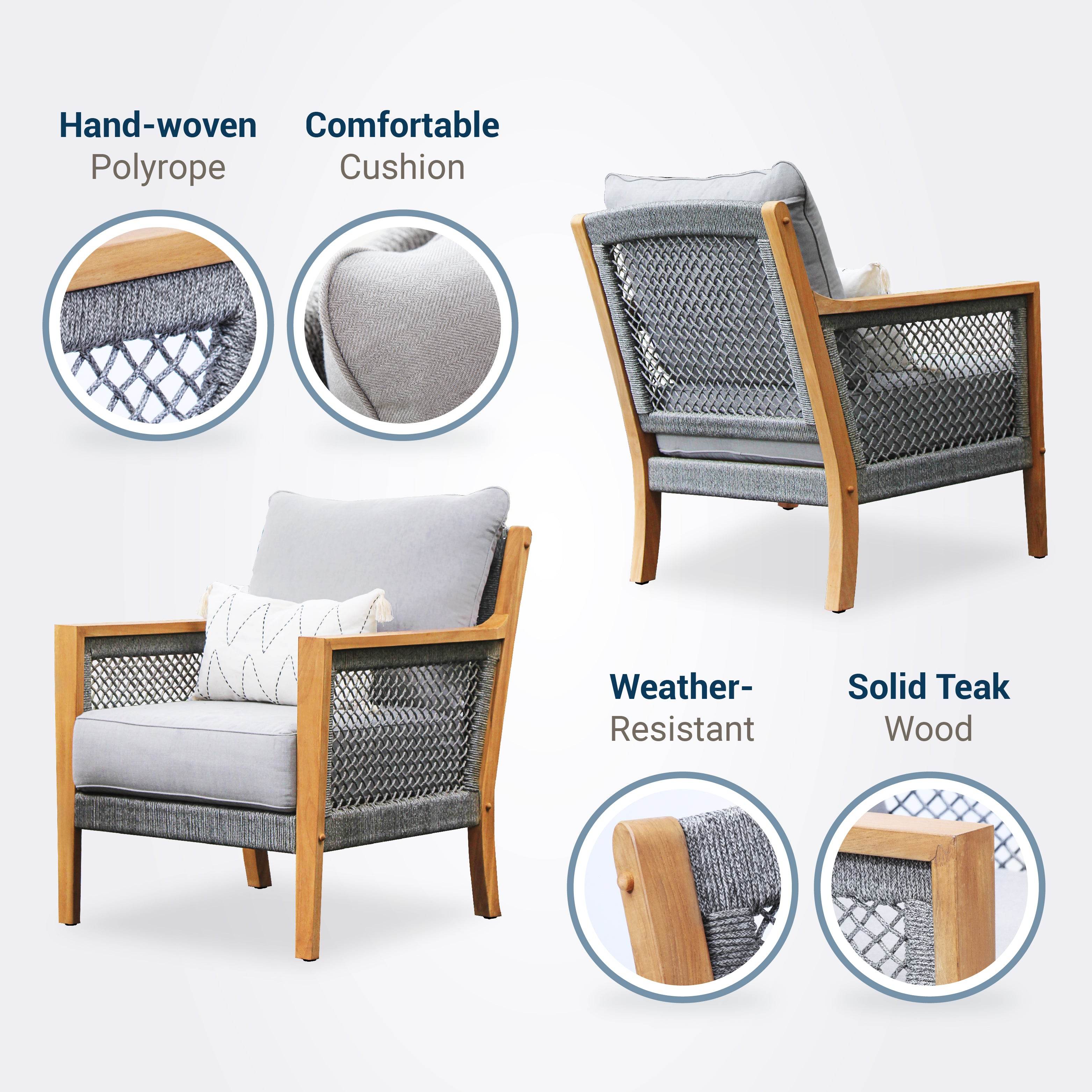 Nassau Teak Wood 3 Piece Patio Conversation Set with Beige Cushion - Image 4