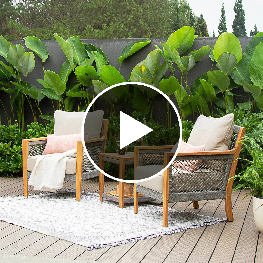 Nassau Teak Wood 3 Piece Patio Conversation Set with Beige Cushion - Image 5