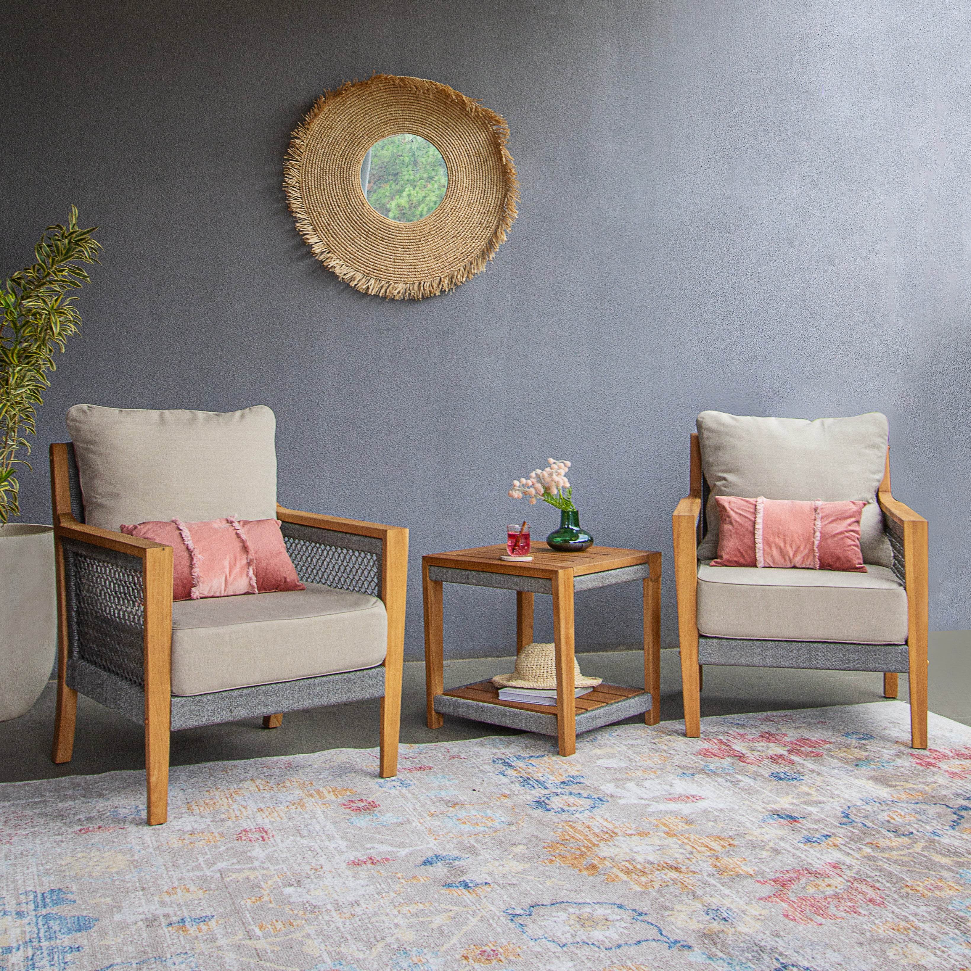 Nassau Teak Wood 3 Piece Patio Conversation Set with Beige Cushion - Image 8