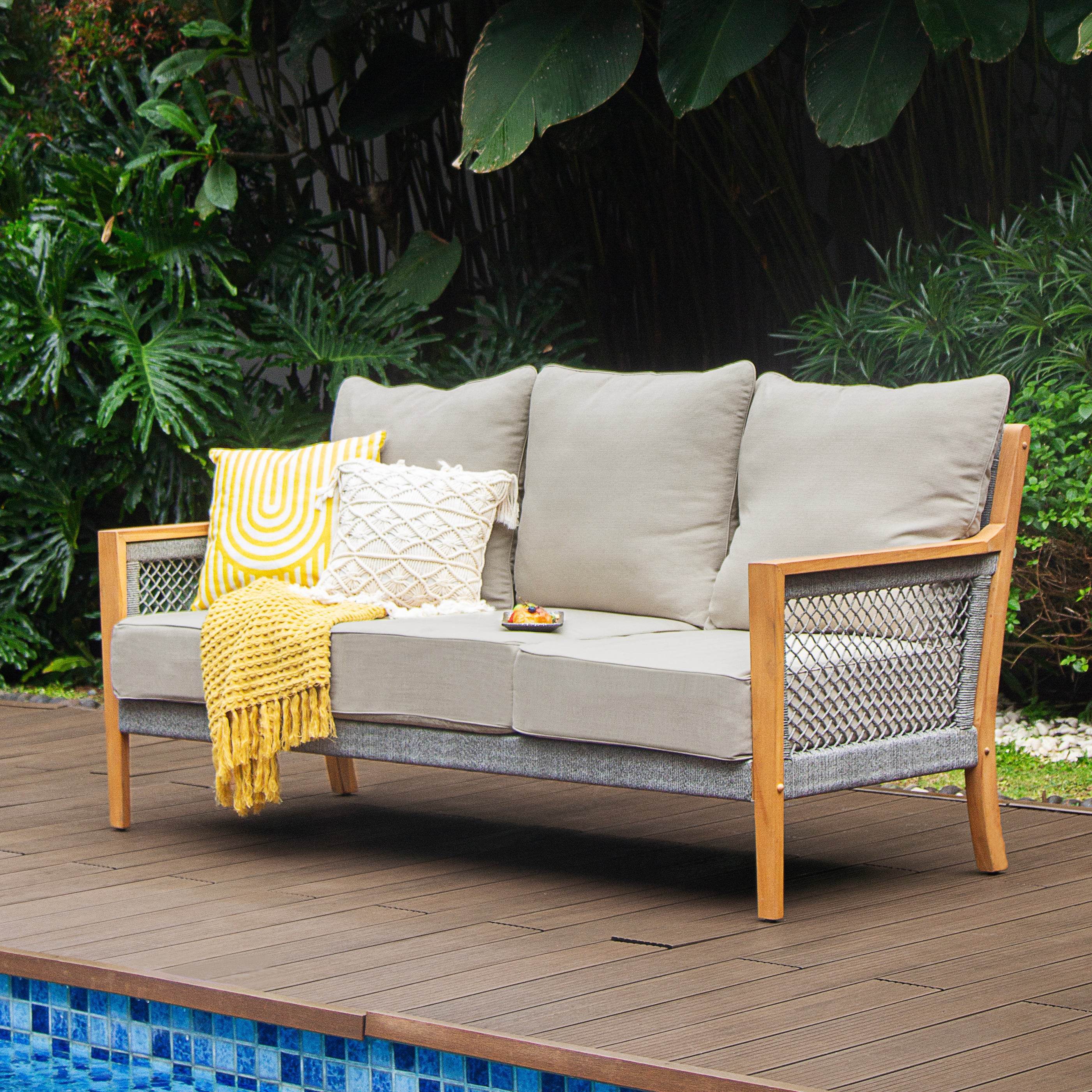 Nassau Teak Wood Patio Sofa with Beige Cushion - Image 6