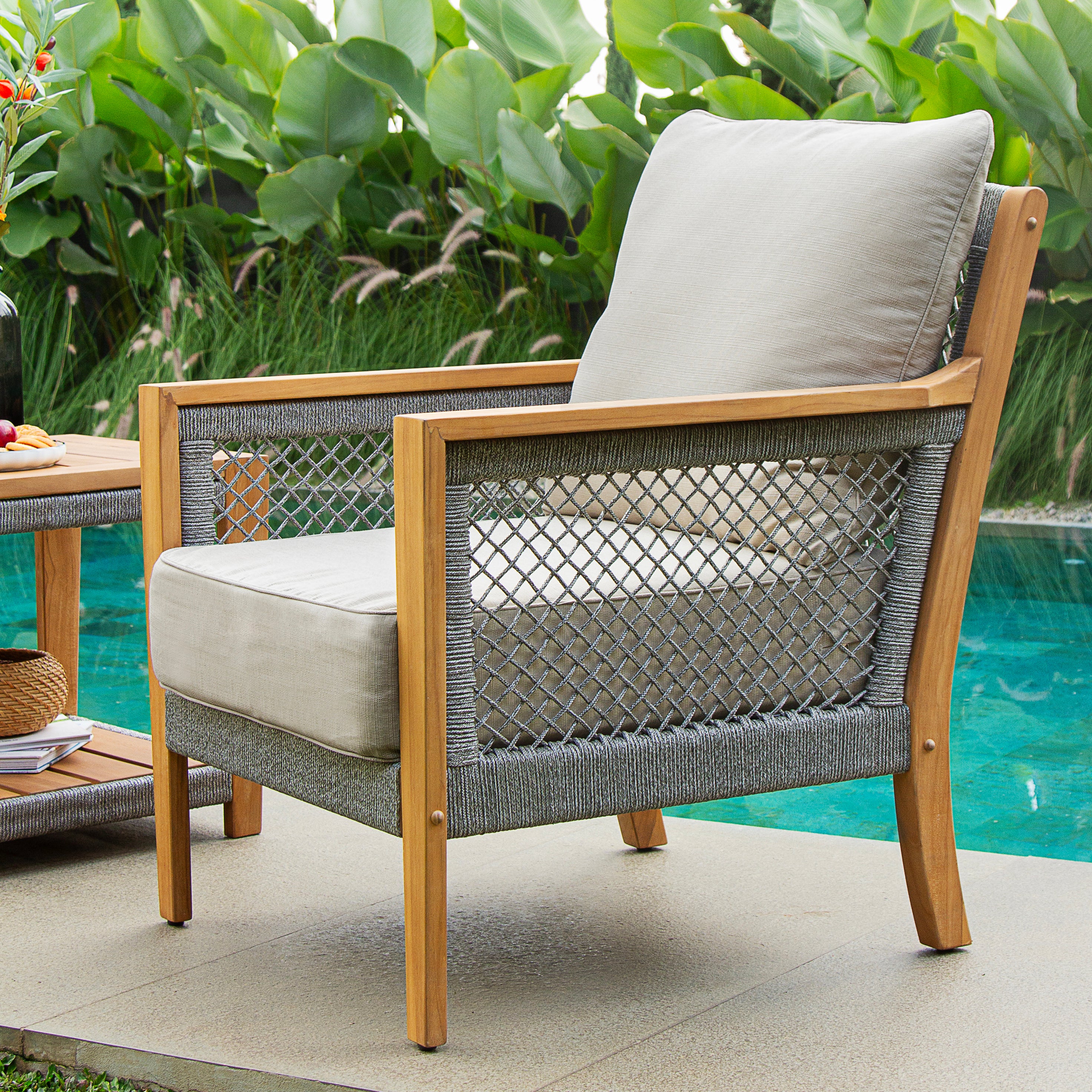 Nassau Teak Wood 4 Piece Patio Conversation Set with Beige Cushion - Image 4