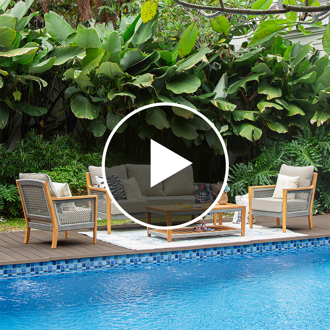 Nassau Teak Wood 4 Piece Patio Conversation Set with Beige Cushion - Image 5