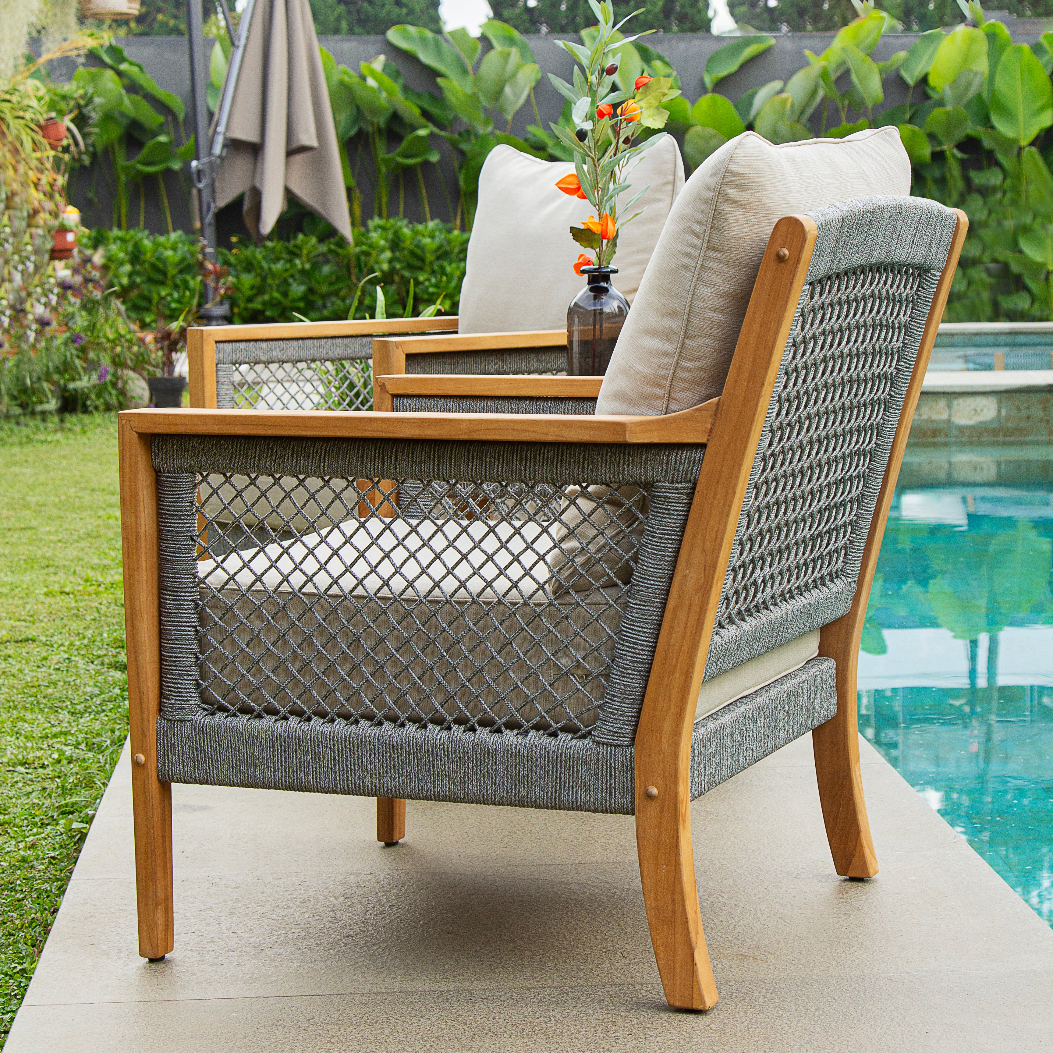 Nassau Teak Wood 4 Piece Patio Conversation Set with Beige Cushion - Image 6