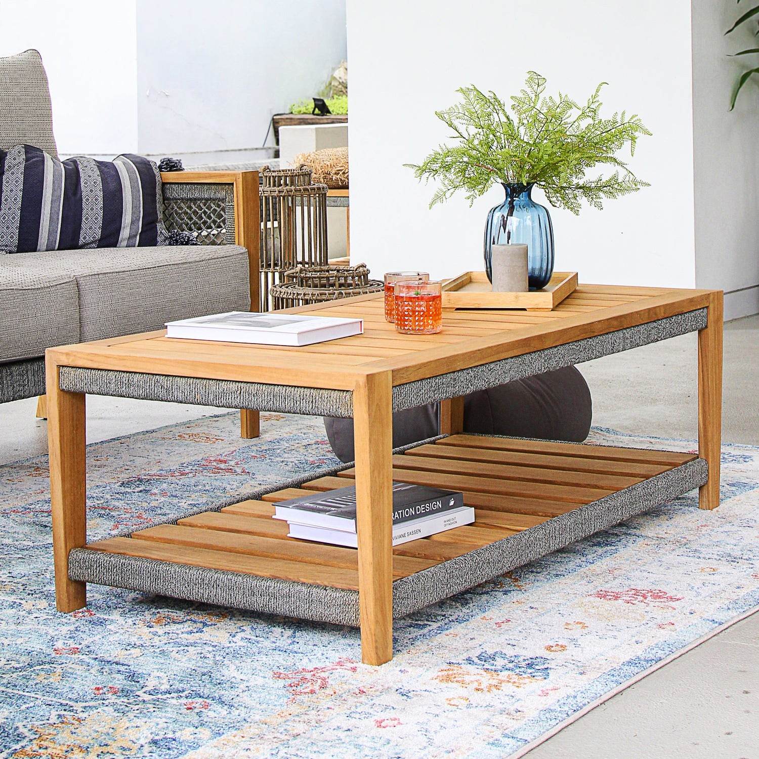Nassau Teak Wood 4 Piece Patio Conversation Set with Beige Cushion - Image 9