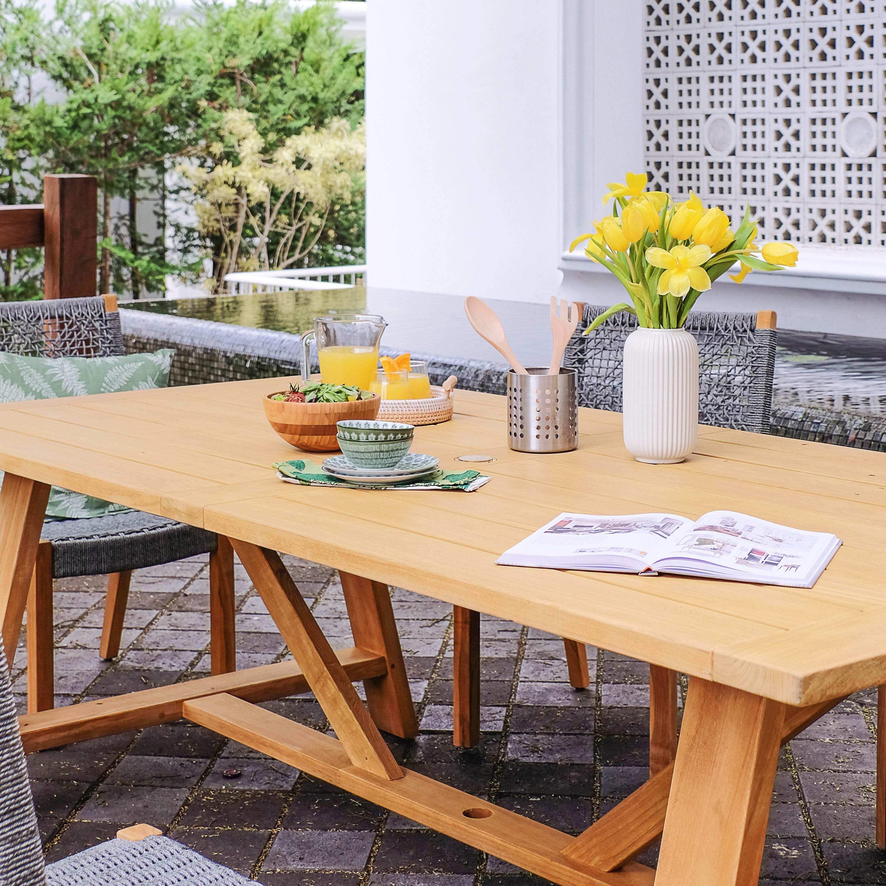 Nassau Teak Wood 7 Pieces Outdoor Dining Set with Gray Polyrope - Image 10