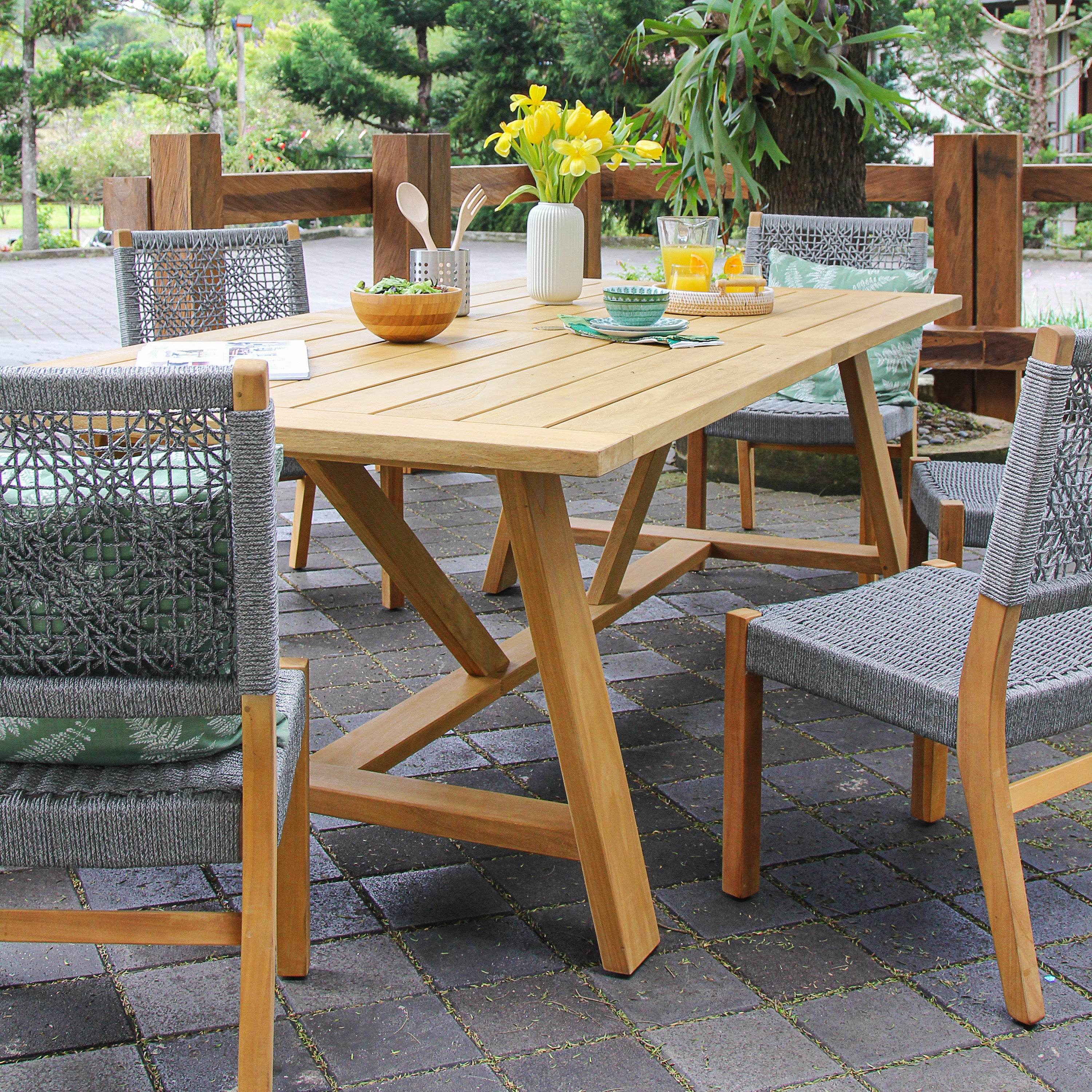 Nassau Teak Wood 7 Pieces Outdoor Dining Set with Gray Polyrope - Image 11
