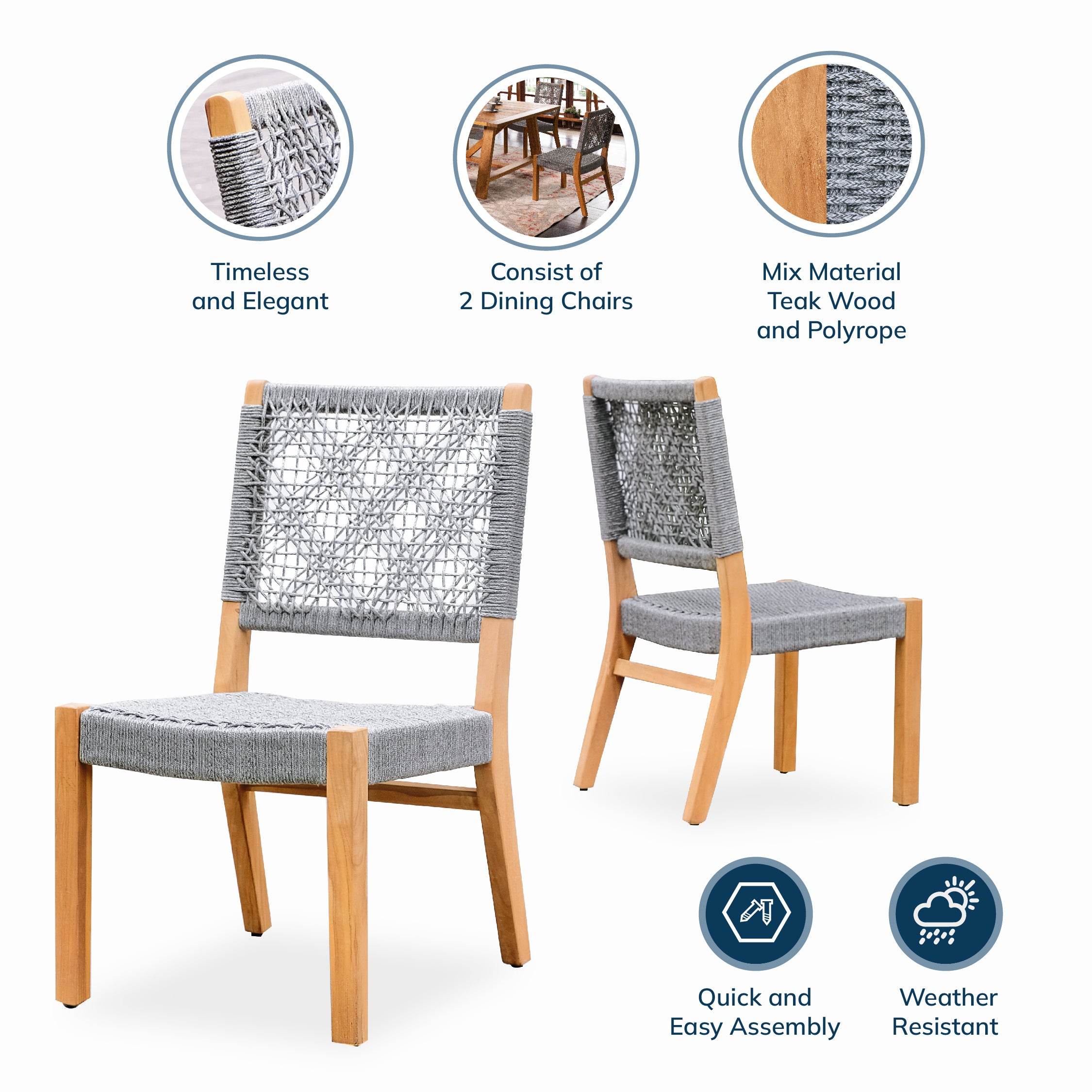 Nassau Teak Wood 7 Pieces Outdoor Dining Set with Gray Polyrope - Image 4
