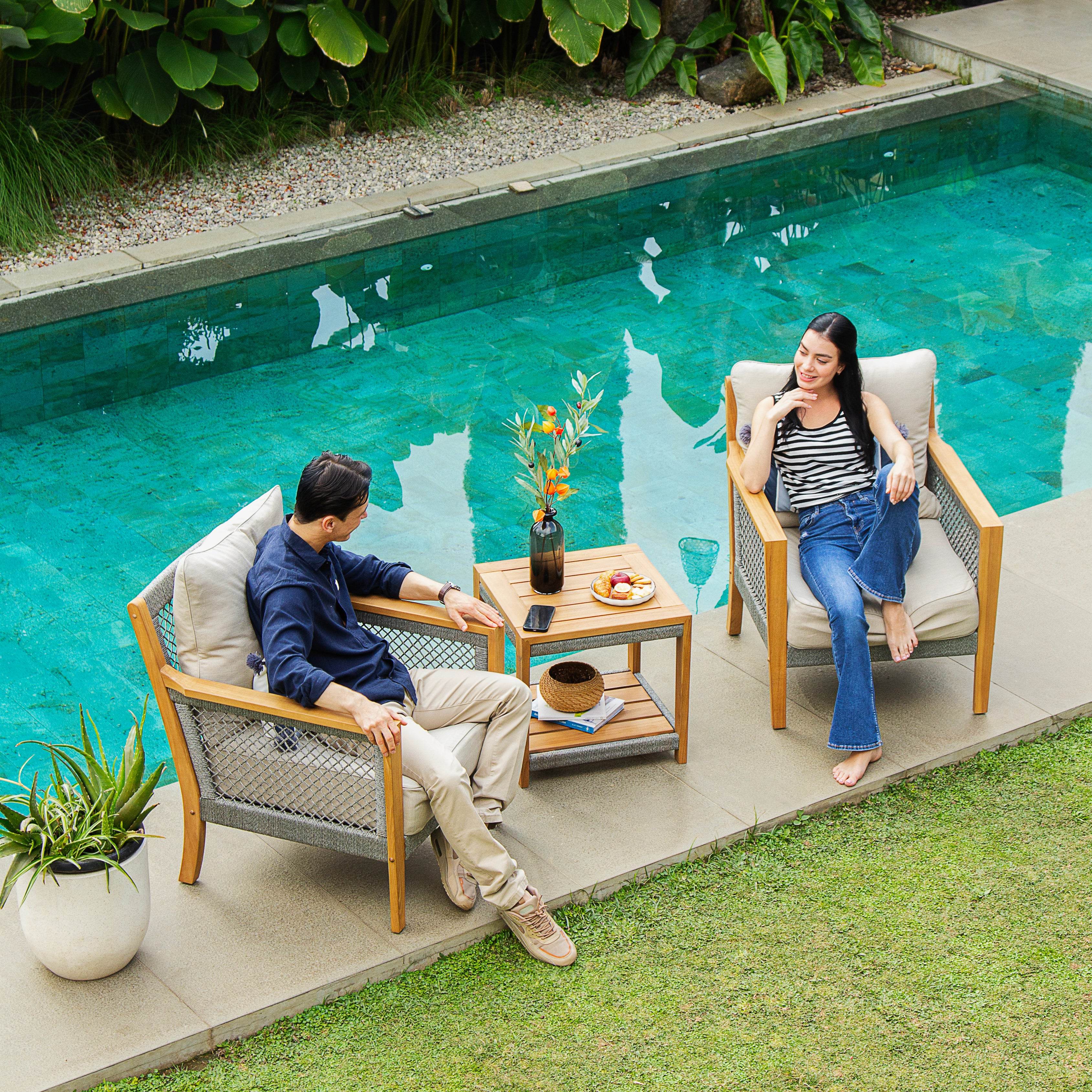 Nassau Teak Wood Outdoor Lounge Chair with Beige Cushion - Image 7