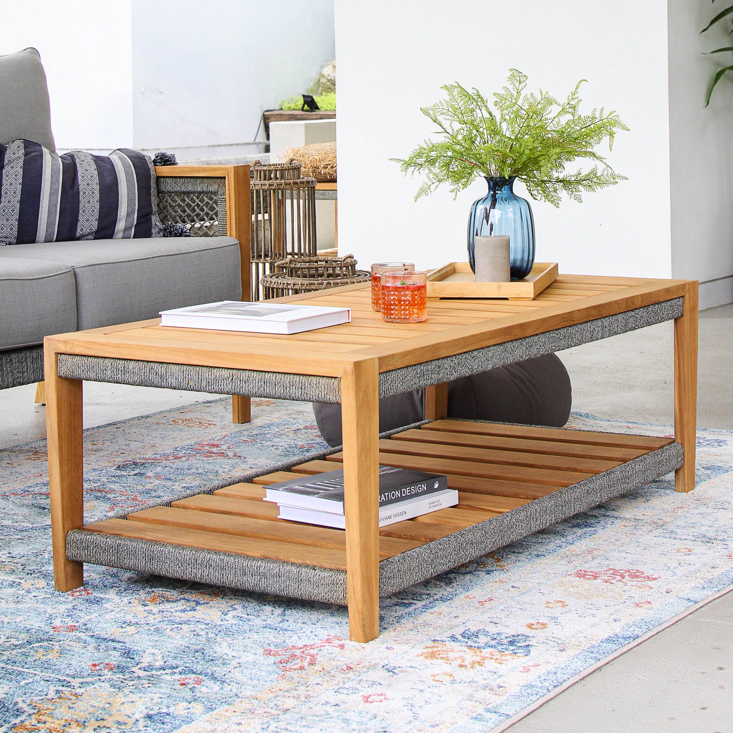 Nassau Teak Wood Patio Coffee Table with Shelf - Image 3
