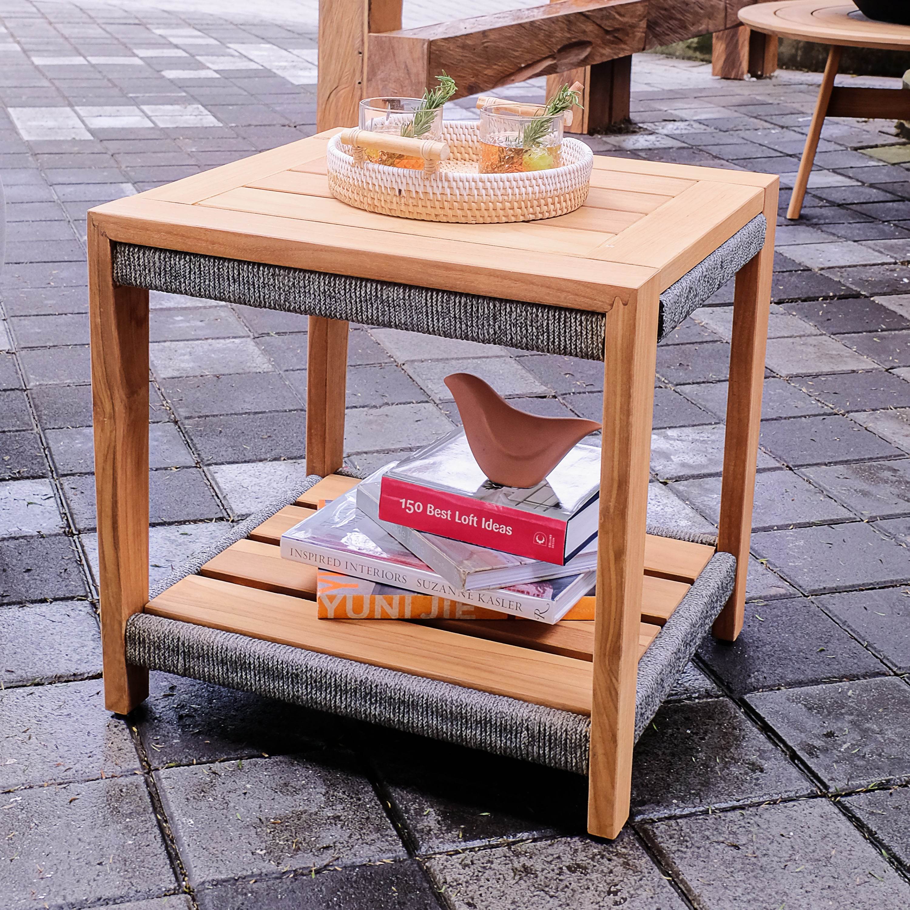 Nassau Teak Wood Patio Side Table with Shelf - Image 3