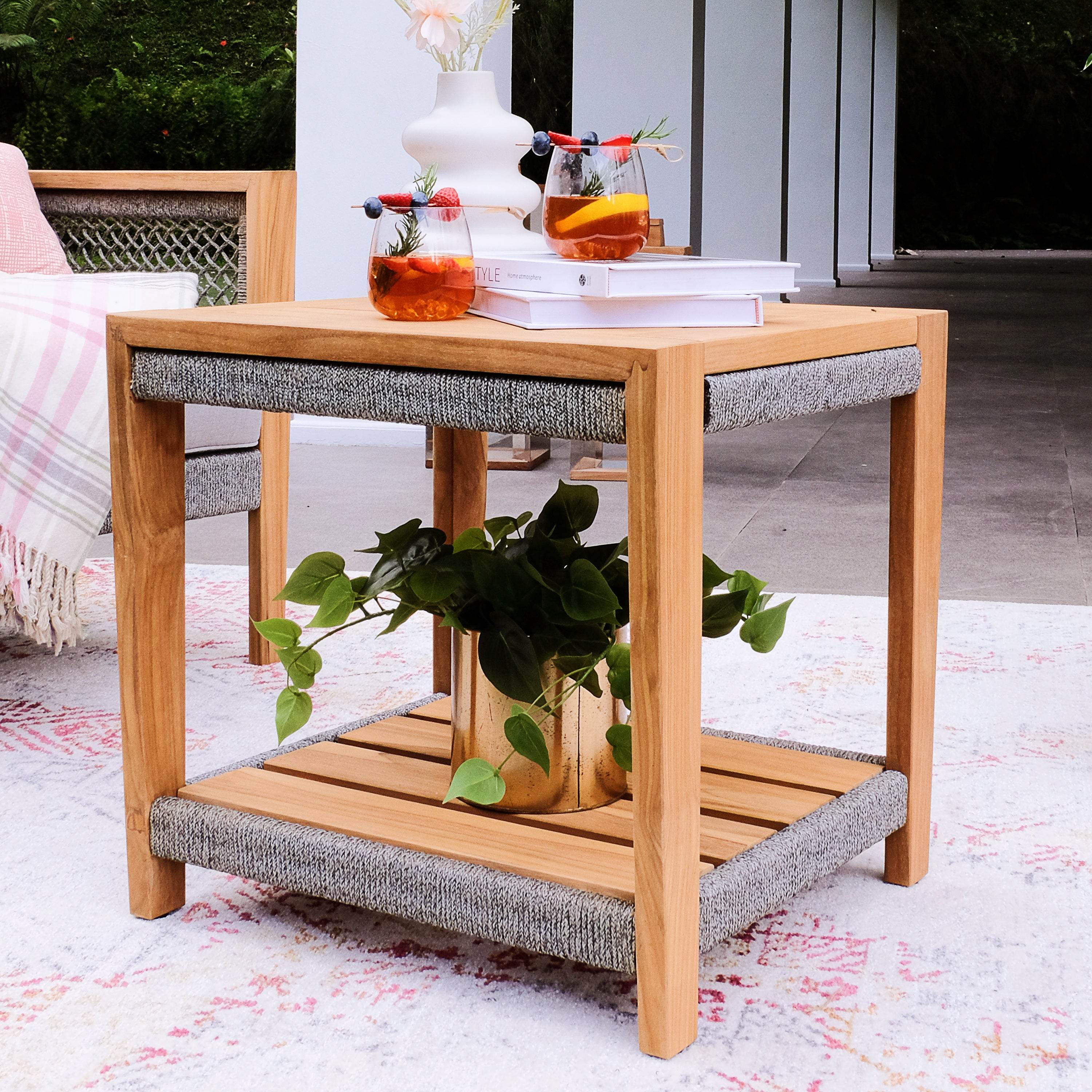Nassau Teak Wood Patio Side Table with Shelf - Image 6