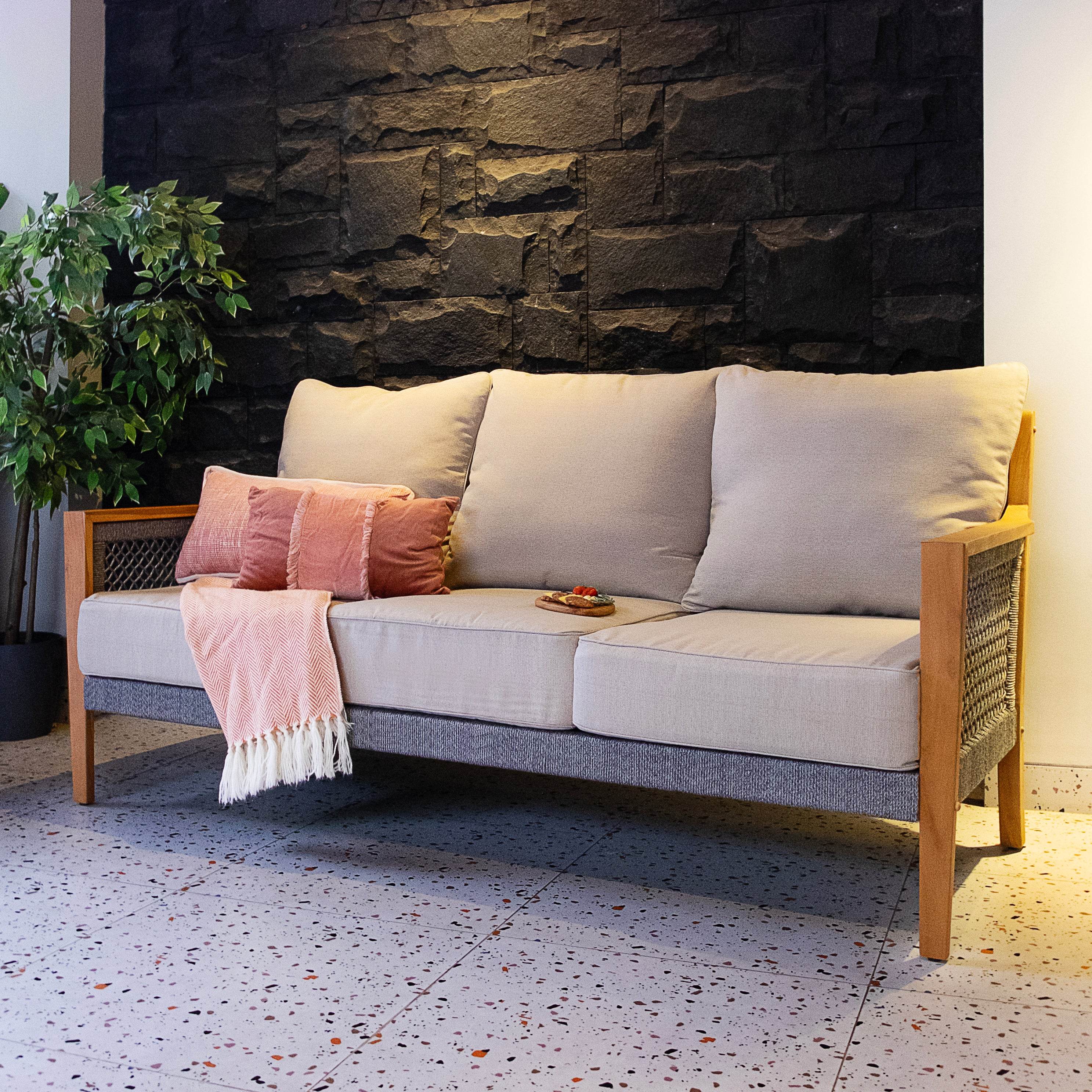 Nassau Teak Wood Patio Sofa with Beige Cushion - Image 7