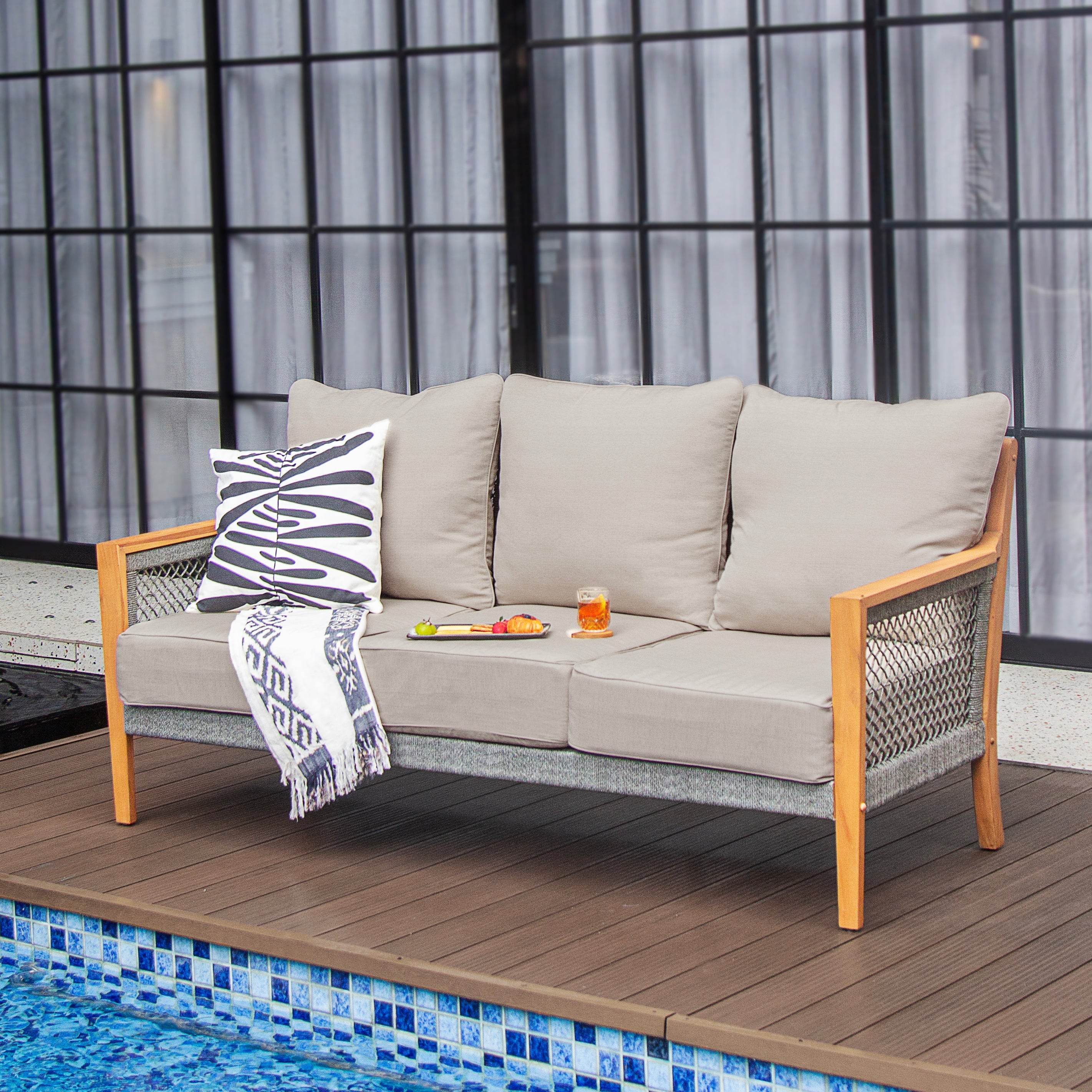 Nassau Teak Wood Patio Sofa with Beige Cushion - Image 8