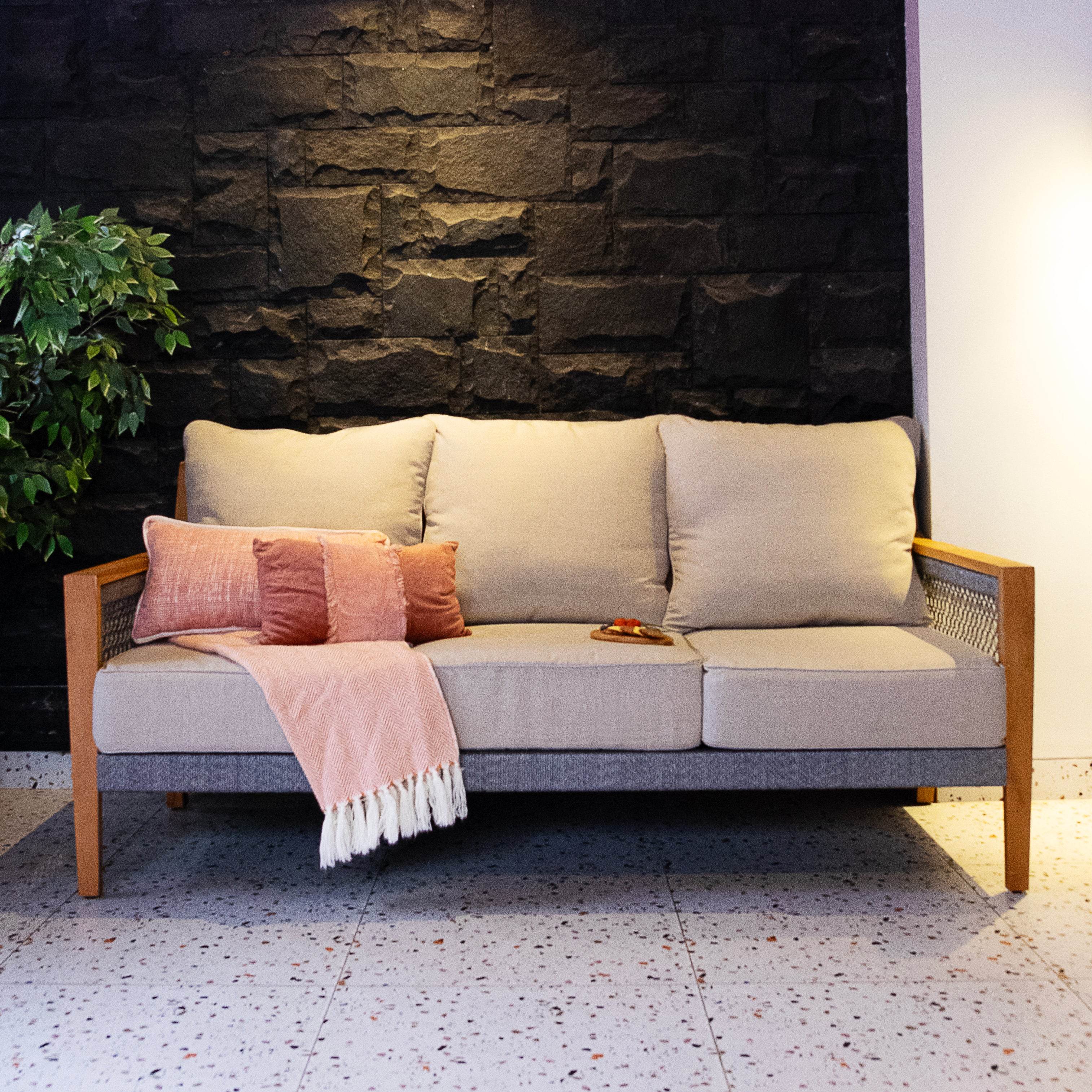 Nassau Teak Wood Patio Sofa with Beige Cushion - Image 9