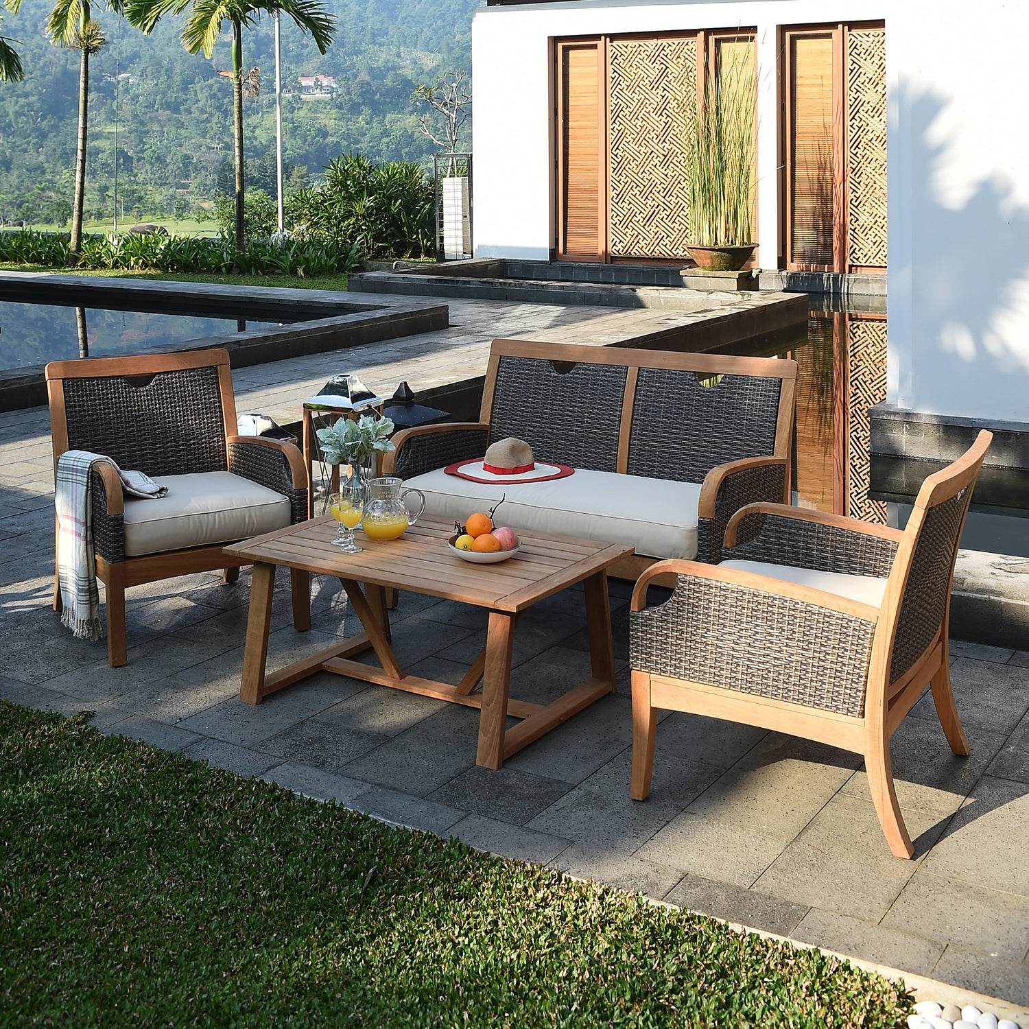 Palma Teak Wood Outdoor Lounge Chair with Taupe Cushion - Image 7