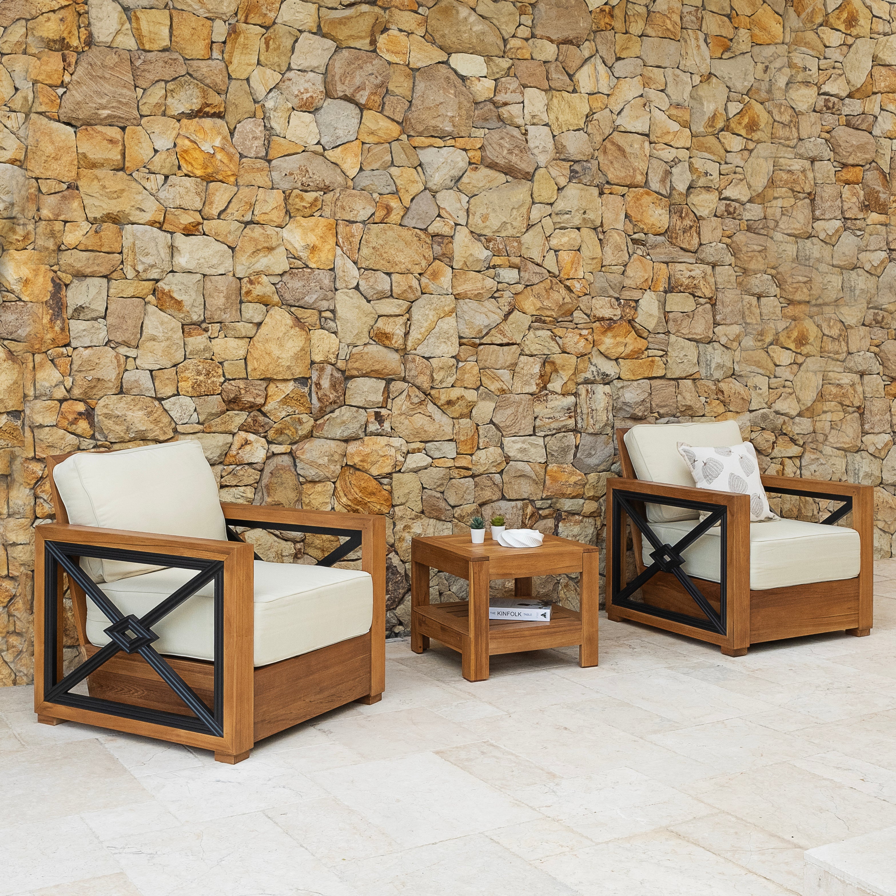 Provence Teak Wood 3 Pieces Patio Conversation Set with Ivory Cushion - Image 3