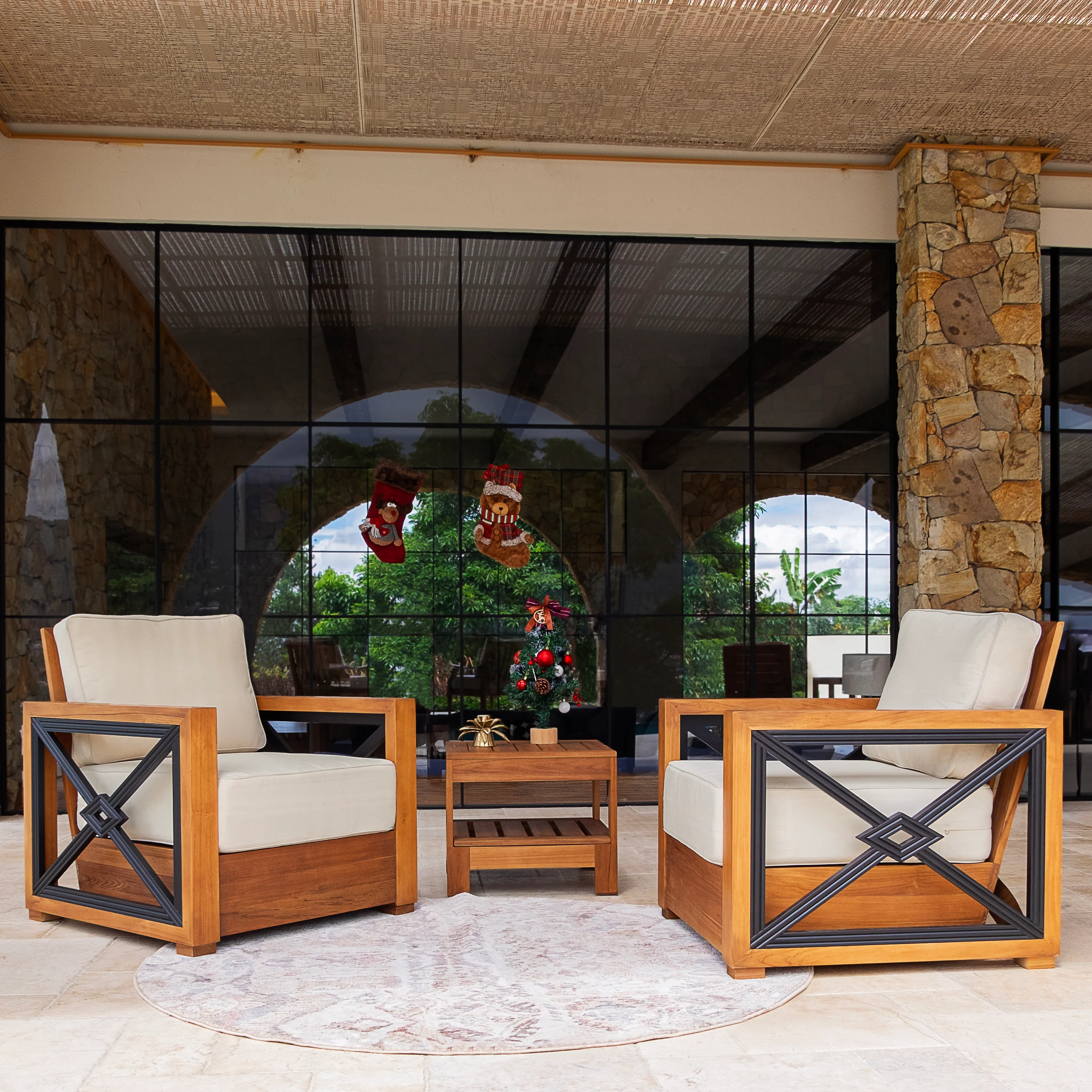 Provence Teak Wood 3 Pieces Patio Conversation Set with Ivory Cushion - Image 4
