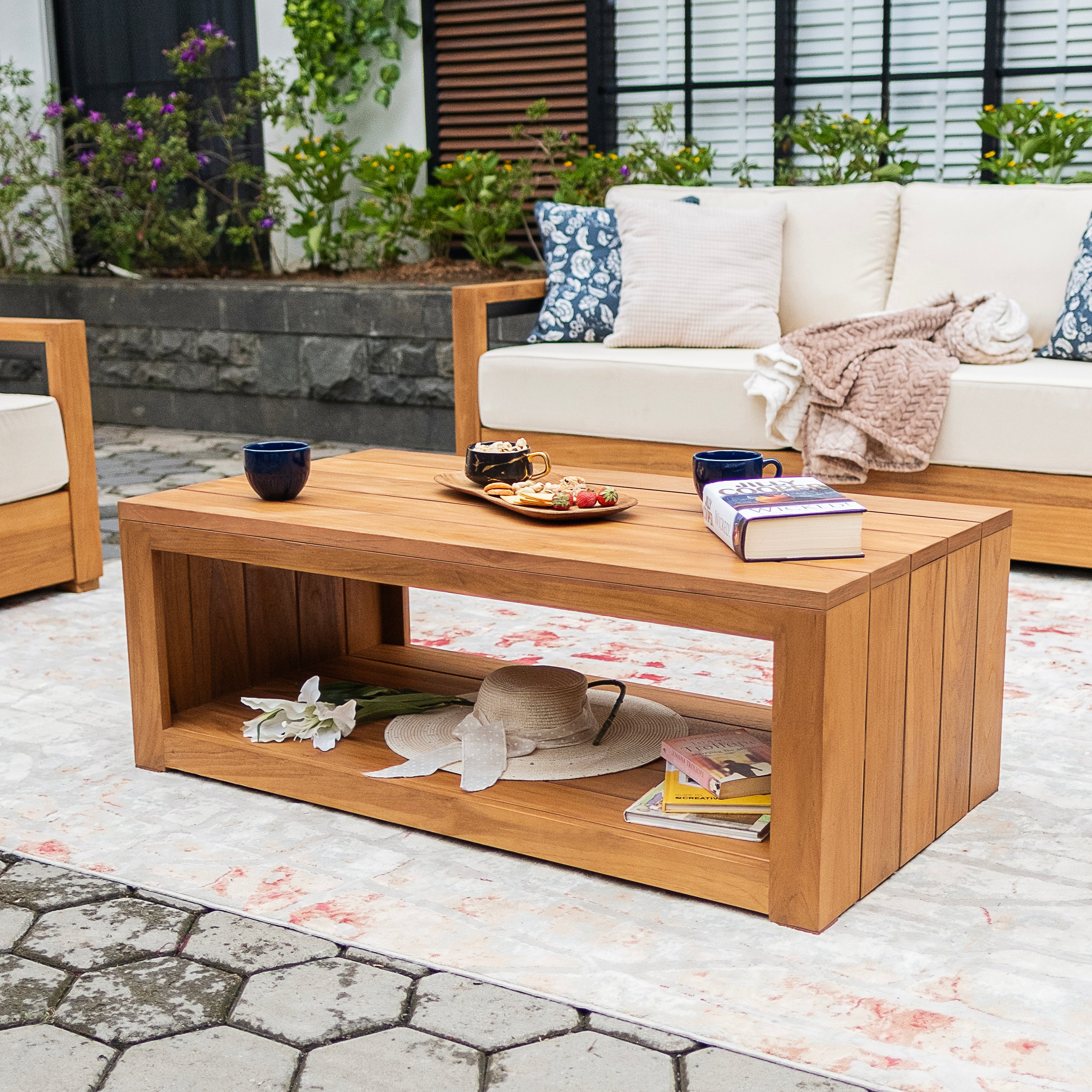 Provence Teak Wood 4 Piece Patio Conversation Set with Ivory Cushion - Image 12