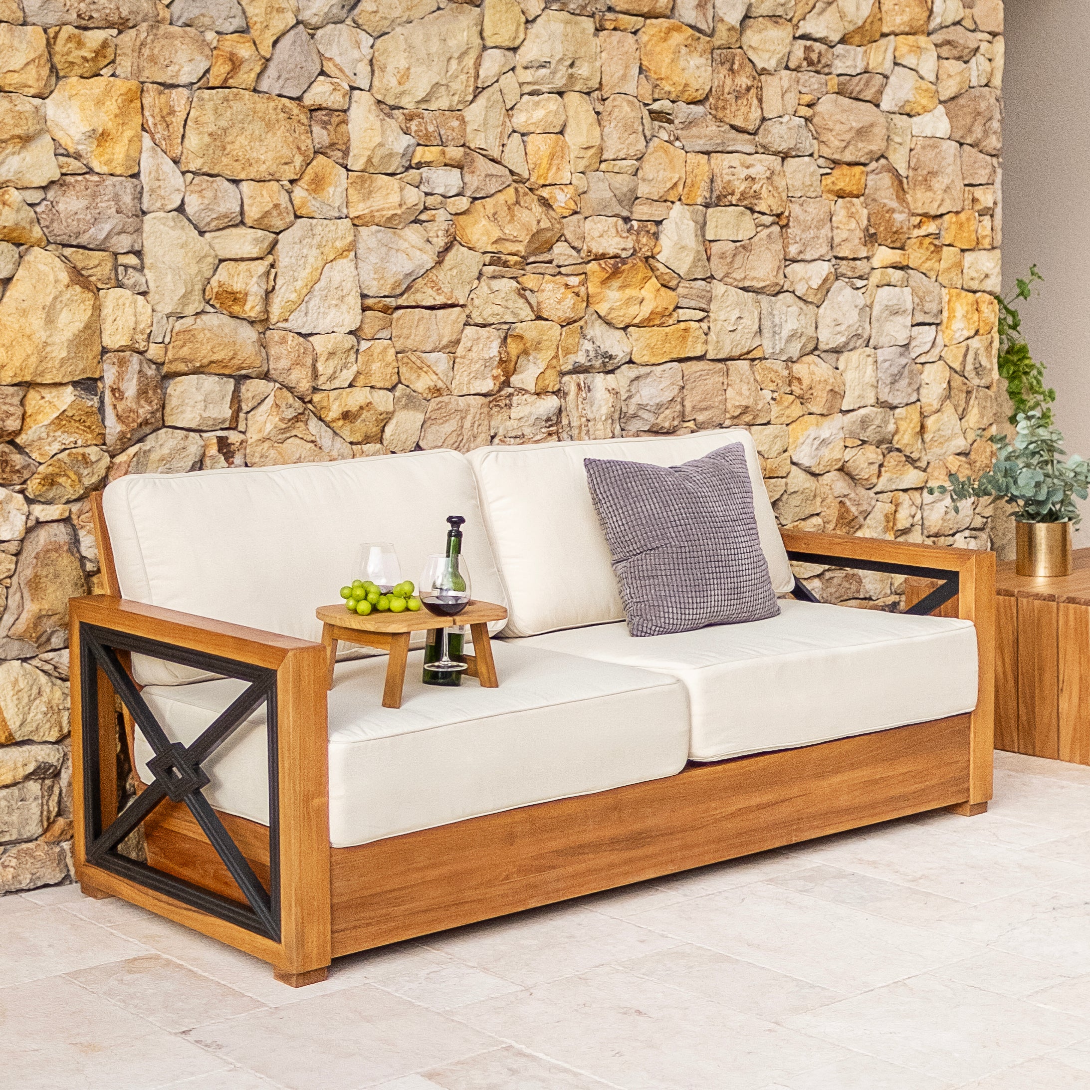 Provence Teak Wood 4 Piece Patio Conversation Set with Ivory Cushion - Image 3