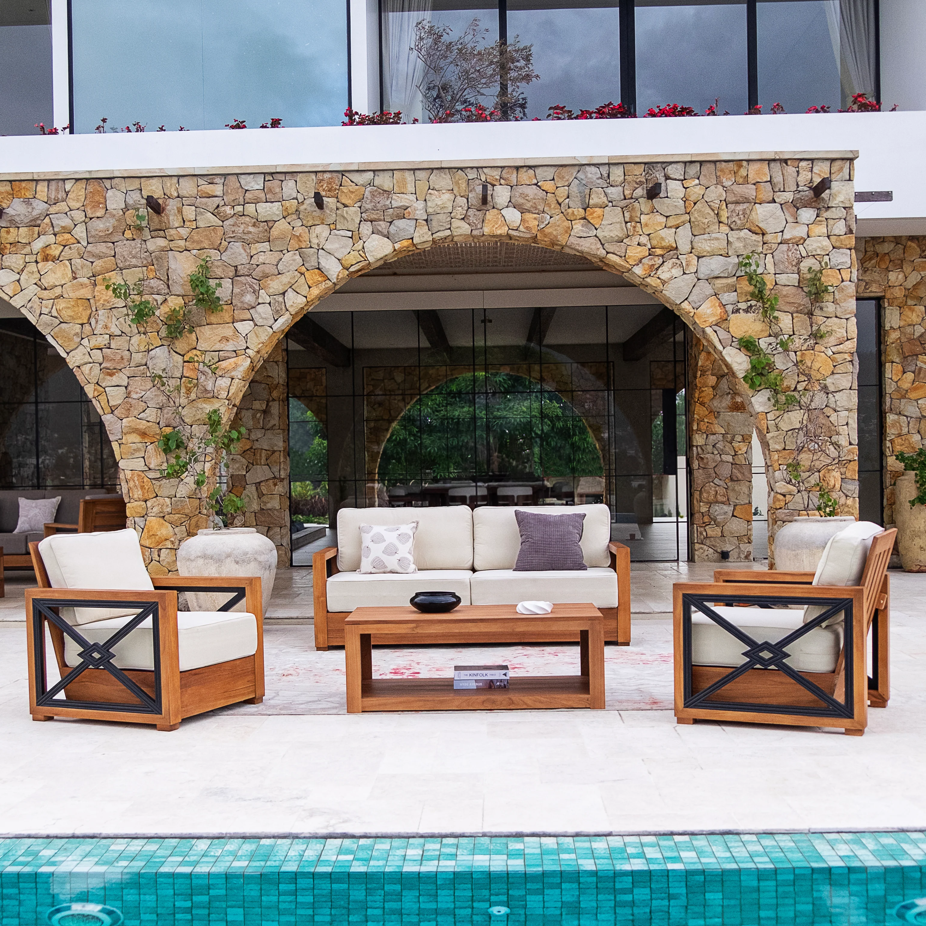 Provence Teak Wood 4 Piece Patio Conversation Set with Ivory Cushion - Image 5