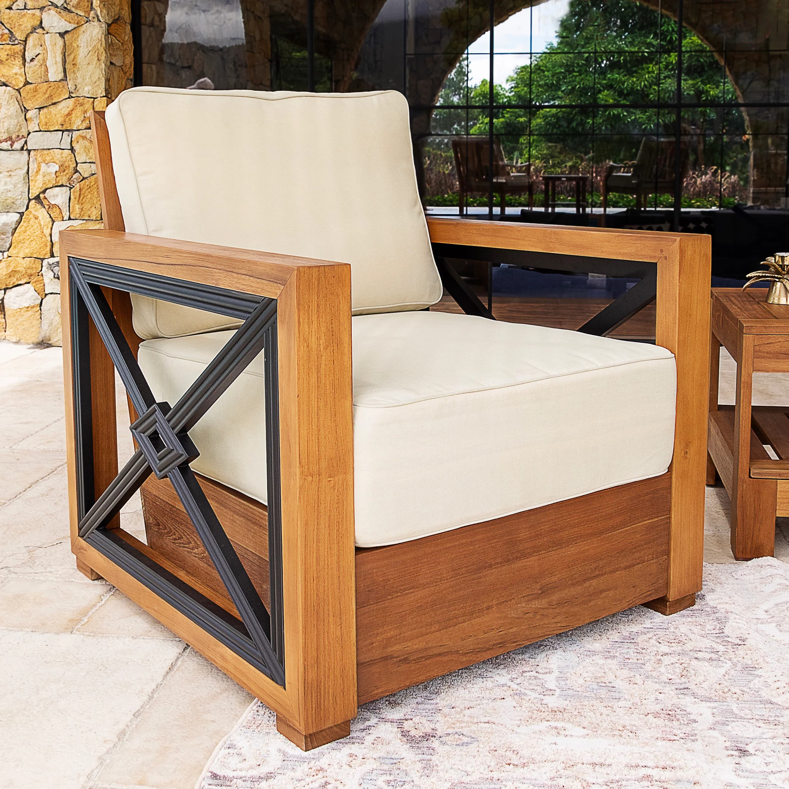 Provence Teak Wood 4 Piece Patio Conversation Set with Ivory Cushion - Image 6