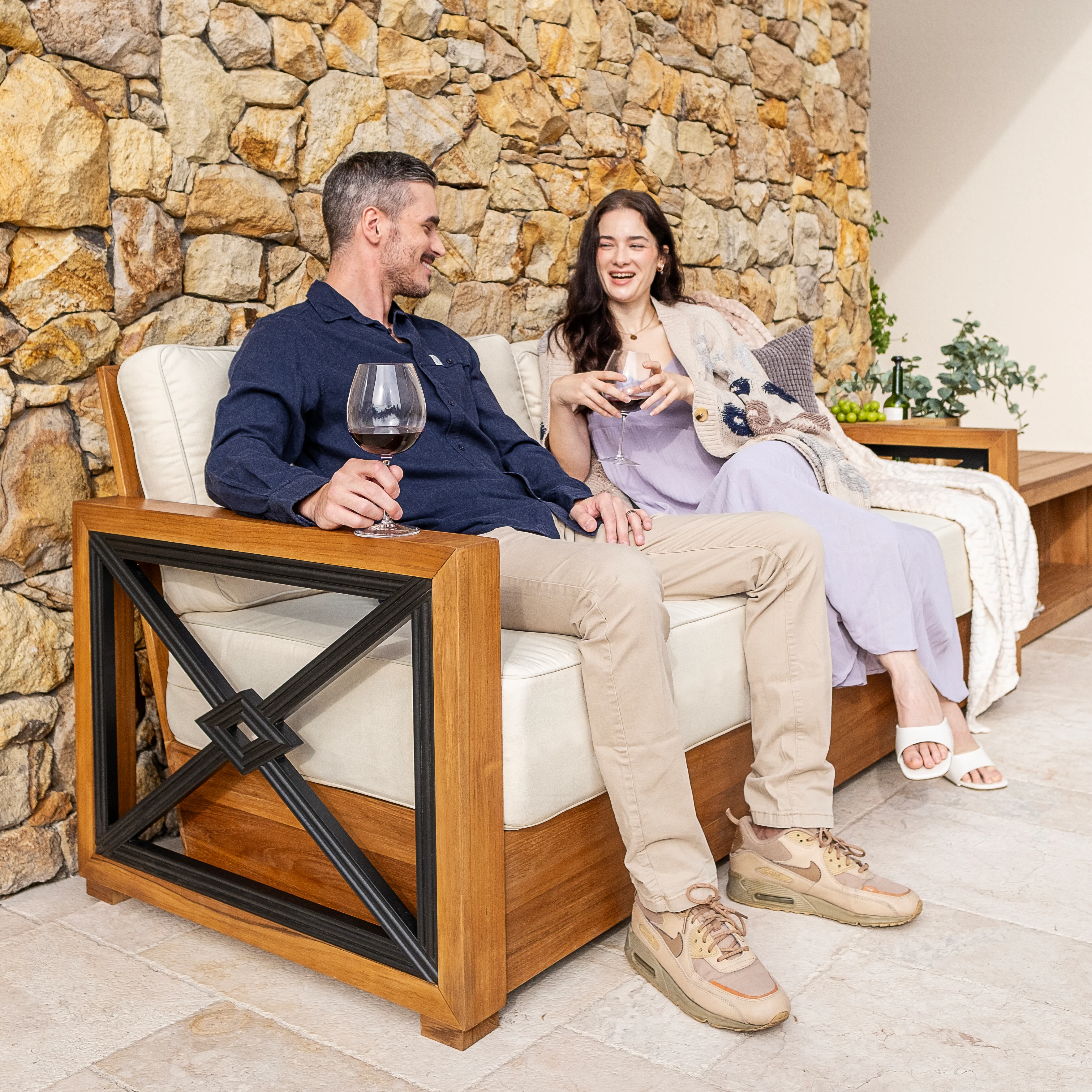 Provence Teak Wood Patio Sofa with Ivory Cushion - Image 3